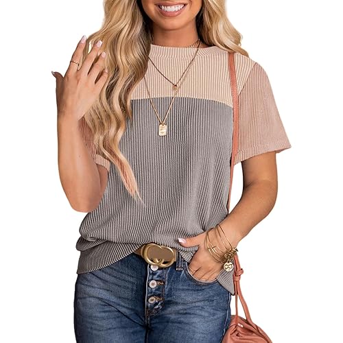 Dokotoo Womens Color Block Fashion Short Sleeve Crewneck Knitted Spring Summer Casual Loose T Shirts Tops