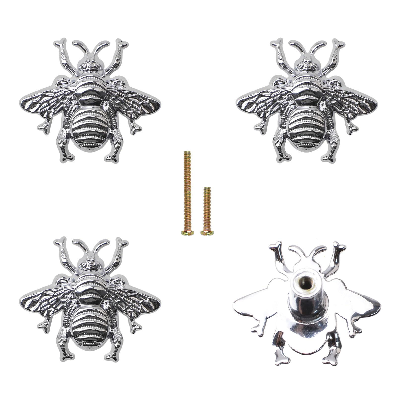 MOROBOR Bright Chrome Bee Drawer Knobs, 4PCS Metal Zinc Alloy Single Hole Knobs Decorative Bee Knobs Creative Furniture Handle with Screws for Cabinet Wardrobe Drawer Dresser