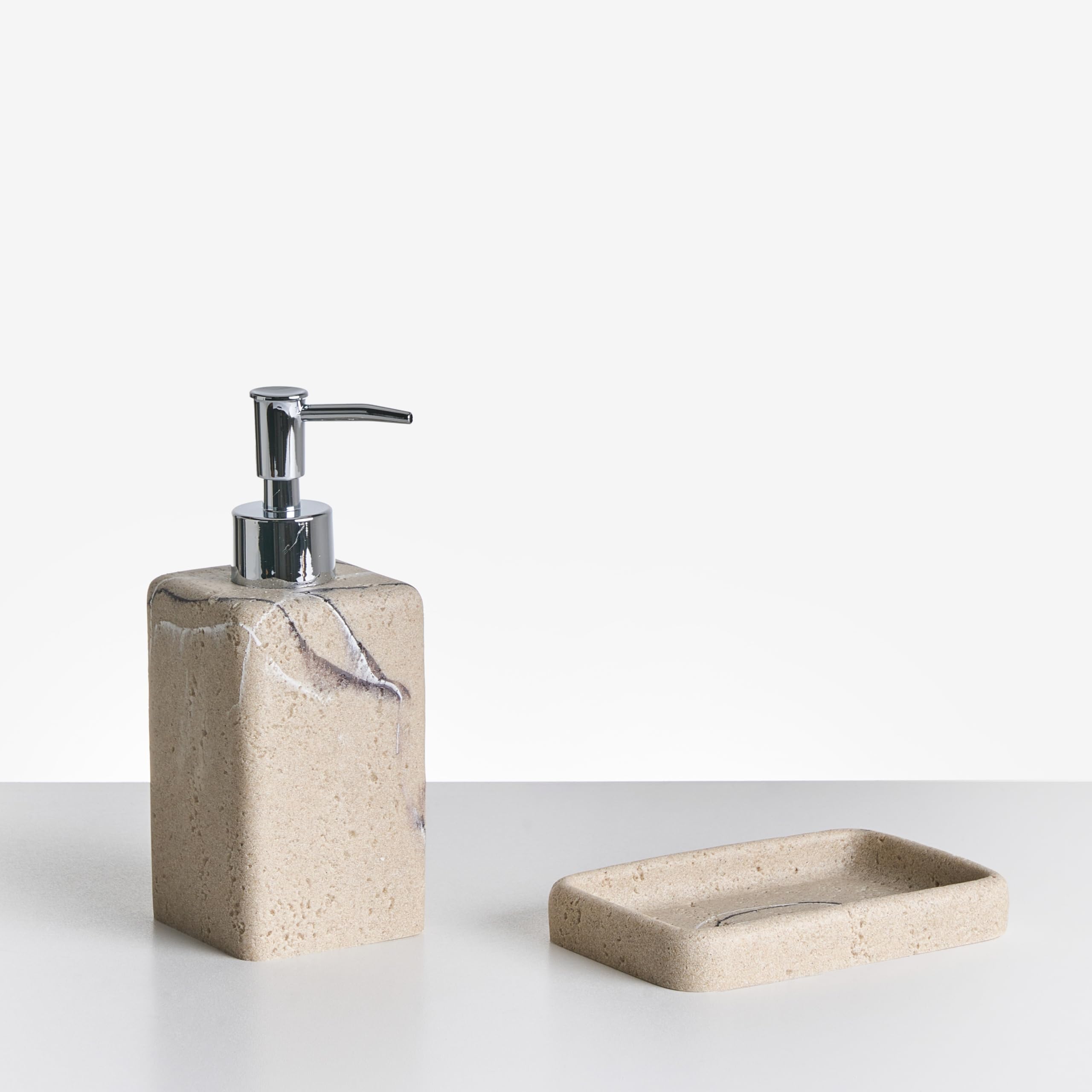 Conjunto de 5 Accesorios de baño jabonera dispensador de jabón escobilla de Inodoro Vaso Soporte cepillos Beige Vilcanota