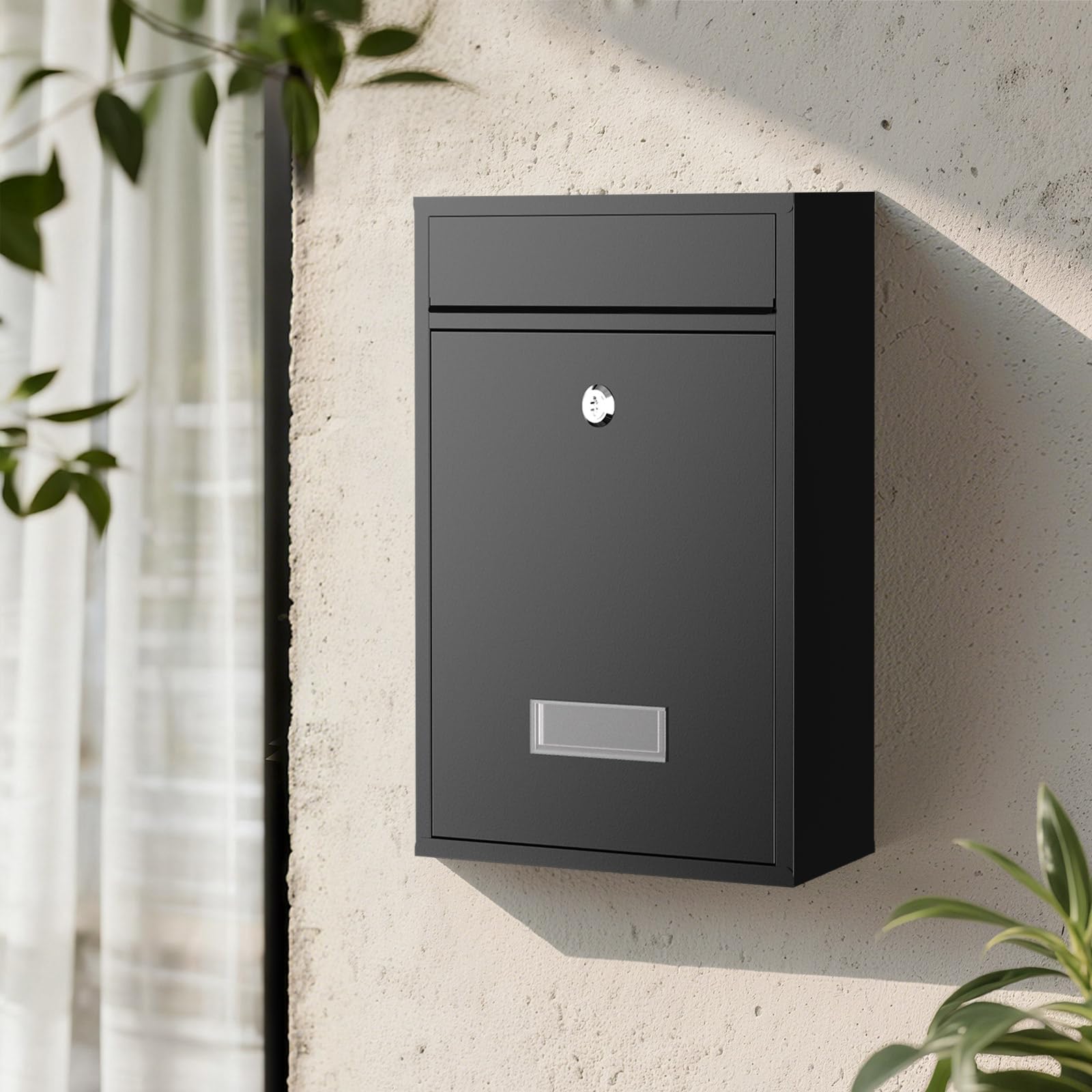 Wiltec Buzón de Pared Color Negro V10 con Placa de identificación, Amplia Ranura para Cartas y 2 Llaves buzón de Acero con Recubrimiento en Polvo para Montaje en Pared