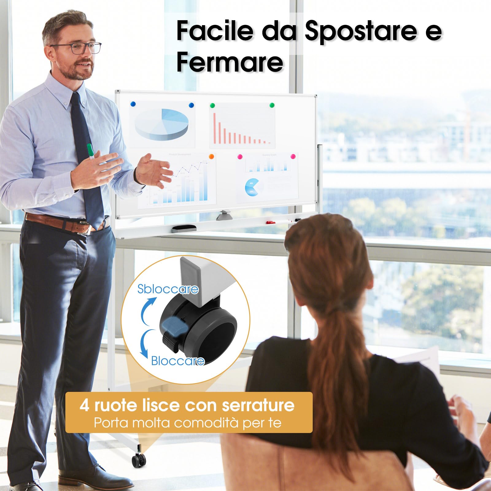 GYMAX Lavagna Magnetica Bifacciale con Ruote, Lavagna in Stile Cavalletto Regolabile in Altezza, Lavagna Magnetica a Rotolamento Reversibile per Ufficio, Aula, Casa, 120 x 60 cm (Bianco)