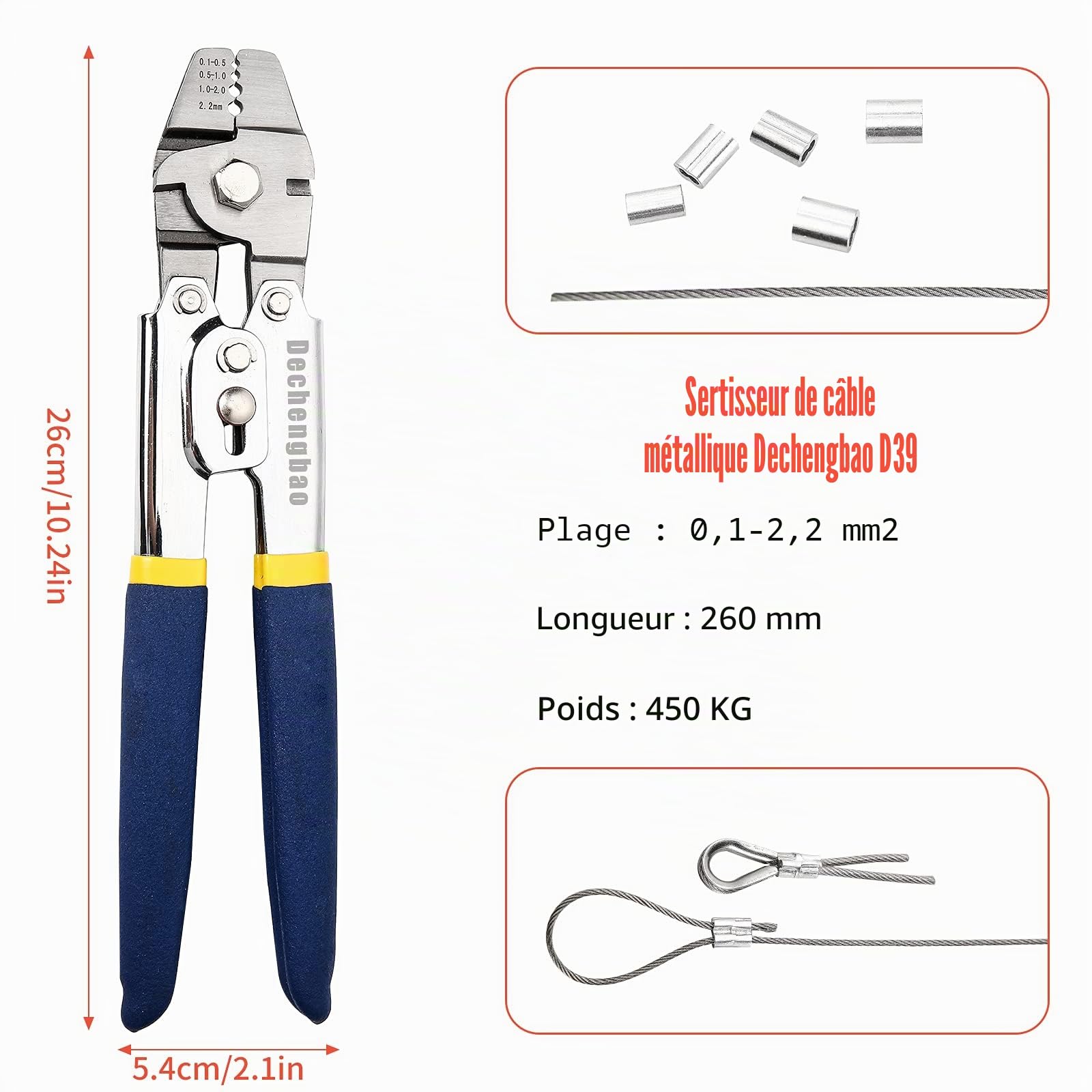 Sertisseur de câble métallique pour sertir les lignes de pêche jusqu'à des outils de sertissage de 2,2 mm, outil de sertissage de câble métallique en acier inoxydable Dechengbao Heavy Duty