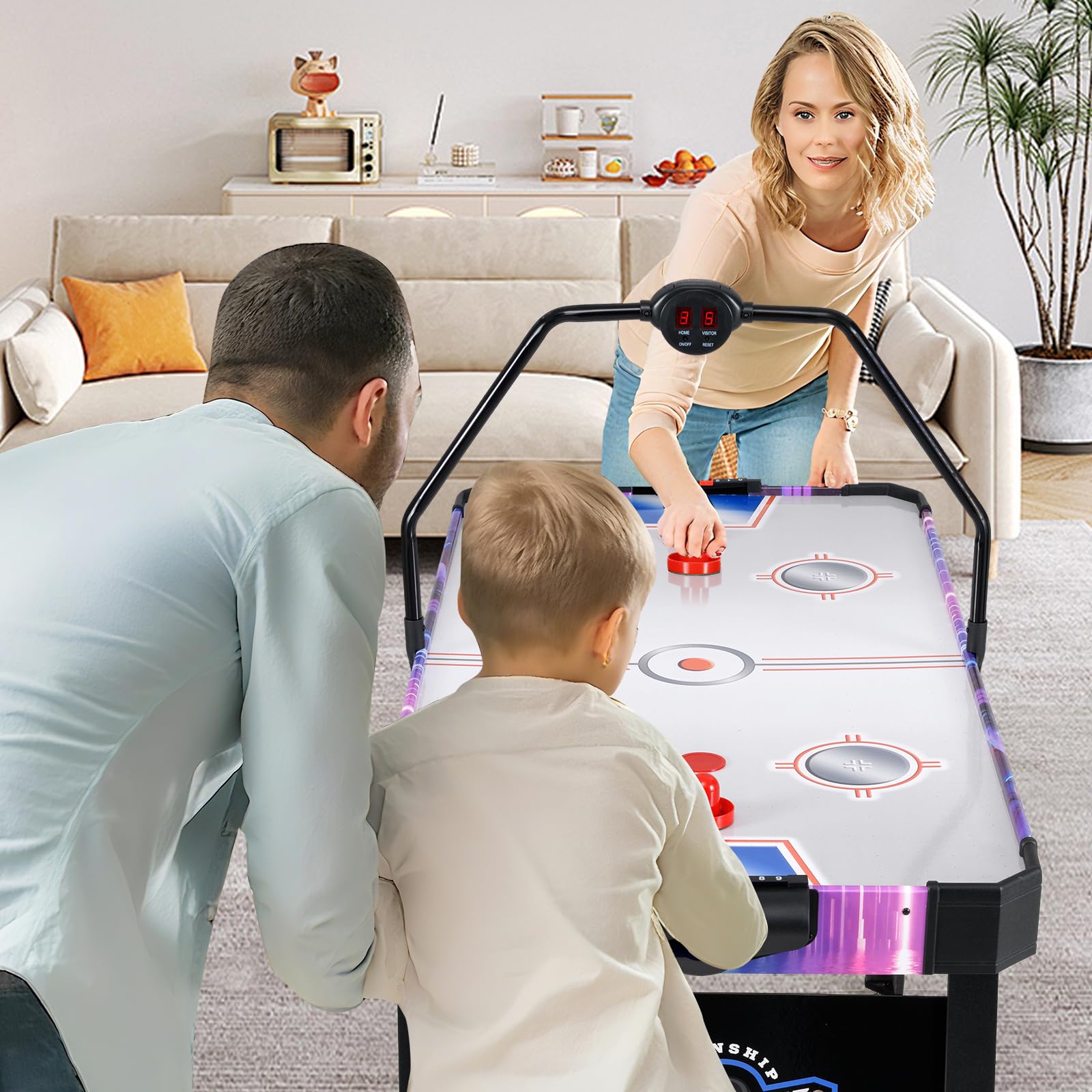 GOPLUS Table Air Hockey Enfants et Adultes, Table de Jeu de Palet Hockey avec Score Électronique LED& Lumières, Style Arcade avec 2 Palets, 2 Poignées