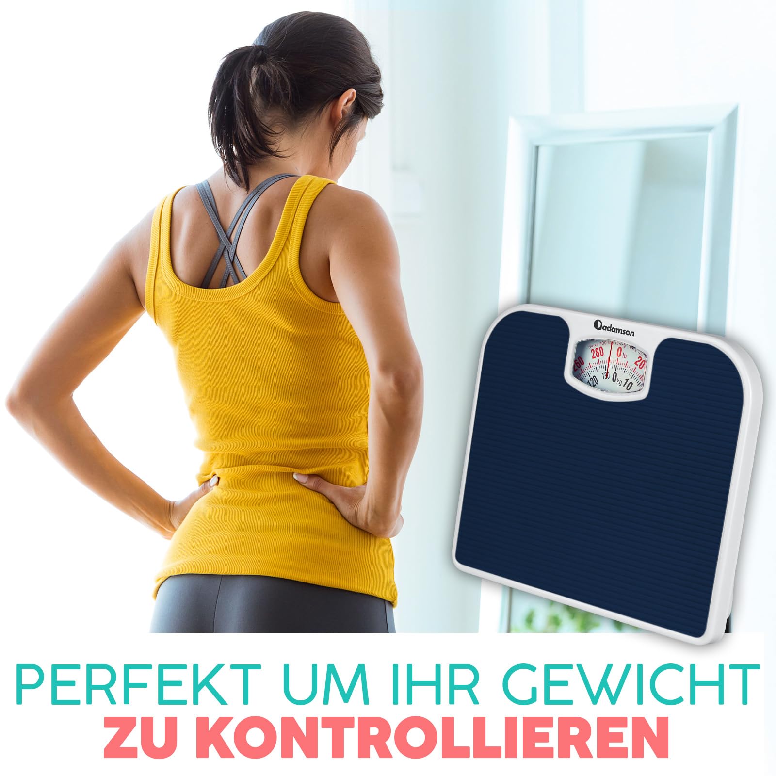 Adamson A21 Personenwaage Analog – bis zu 136 kg – Neu – Rutschfeste Gummioberfläche - Große Zahlen – Körperwaage Analog – Erschwinglich – Langlebig mit 20 Jahren Garantie - Blau