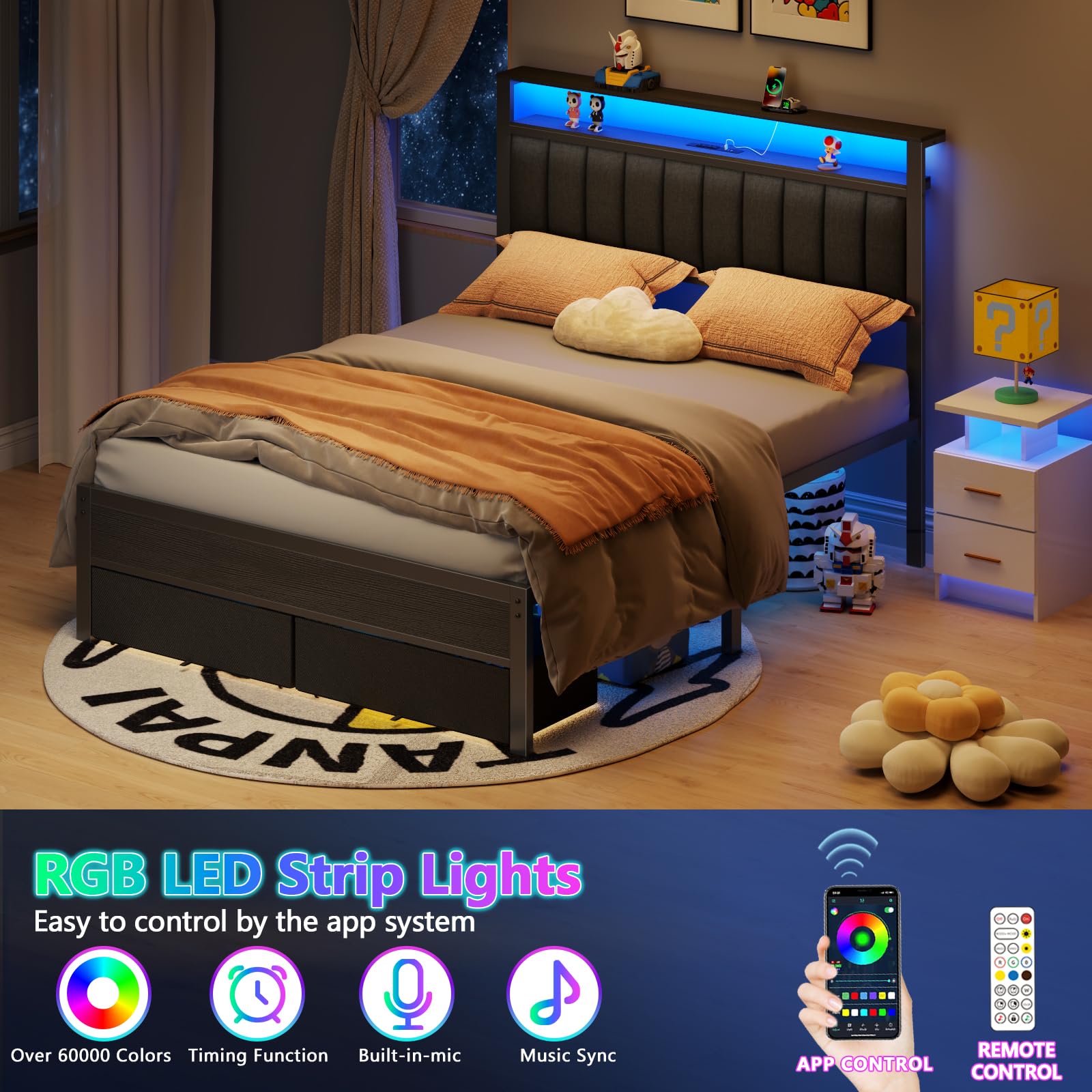 Furnulem Queen Bed Frame with Charging Station and LED Lights, Grey Upholstered Headboard with Shelves, Metal Platform Bed with 2 Under-Bed Storage (Fabric Drawer on Wheels), No Box Spring Needed