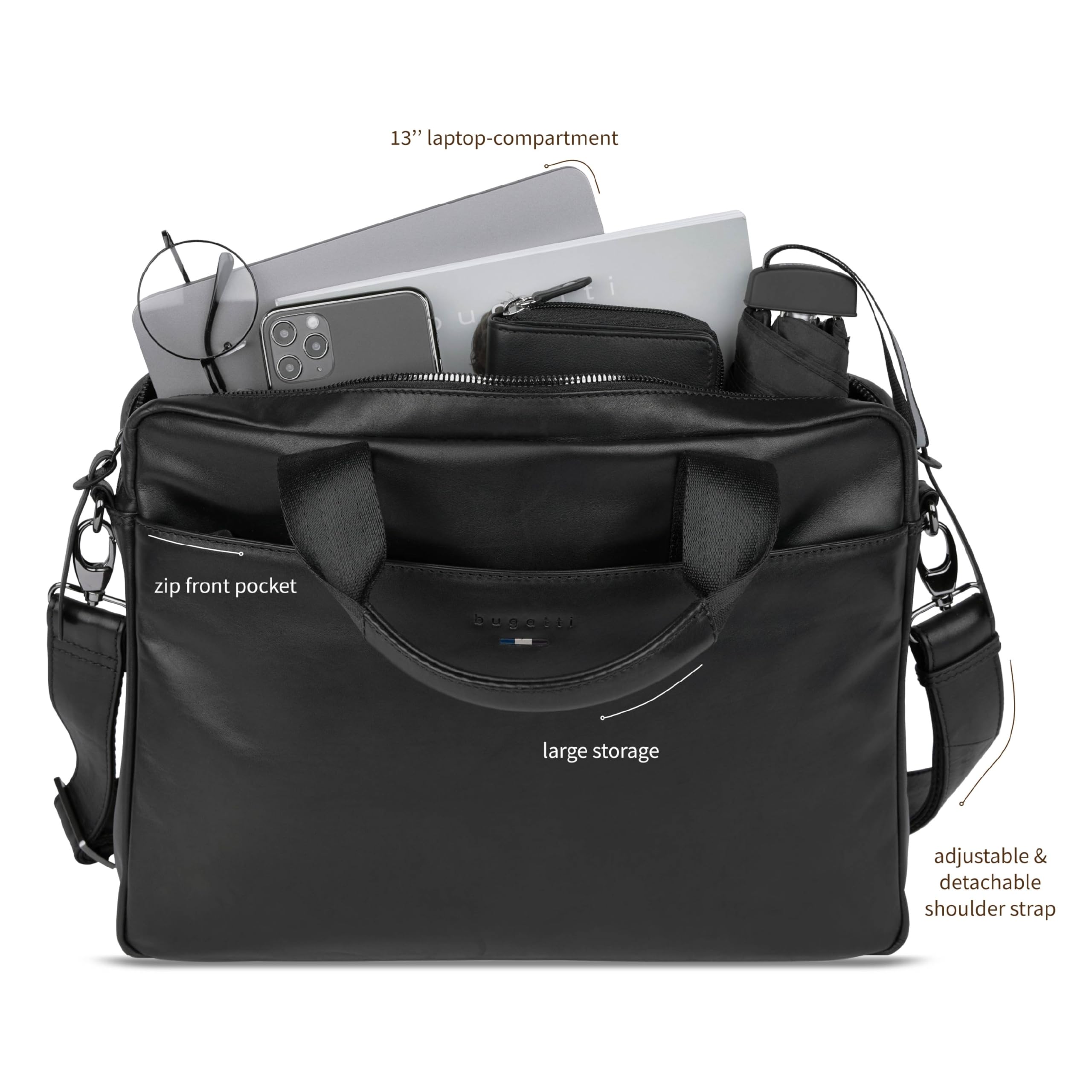 bugatti Romeo maletín de cuero para hombre, bolso de negocios con compartimento para portátil de 13", negro