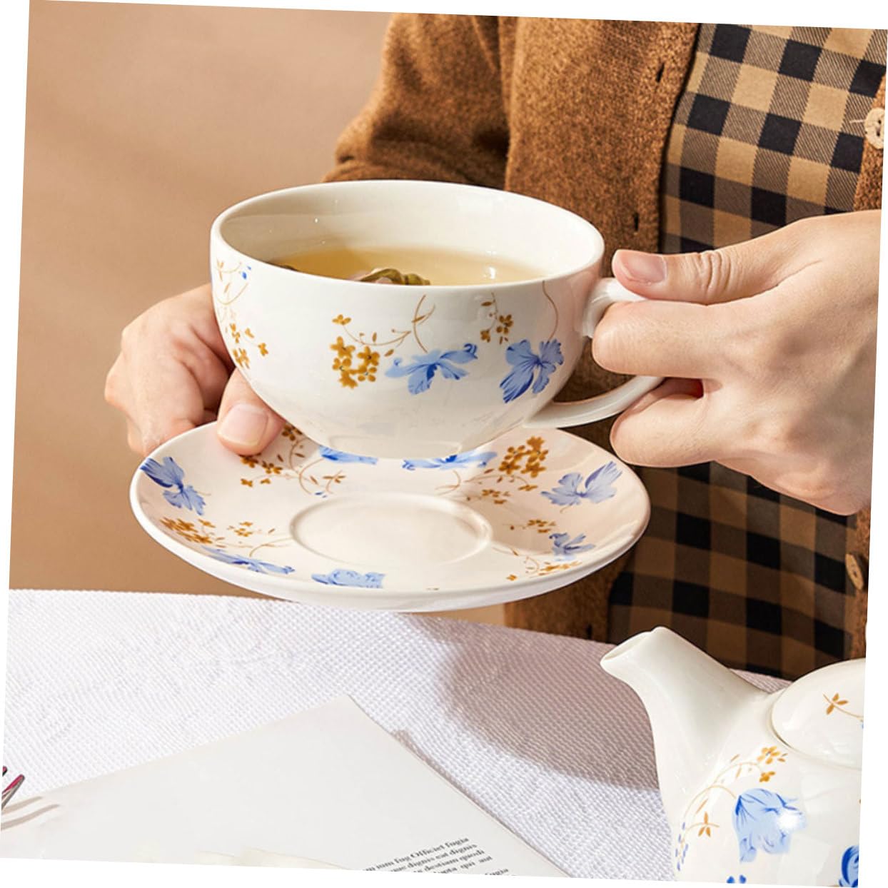 Cabilock Juego de Té de Cerámica con Tetera y Taza, 480ml y 350ml, para Hojas Sueltas o Infusión de Frutas en Viajes y Reuniones