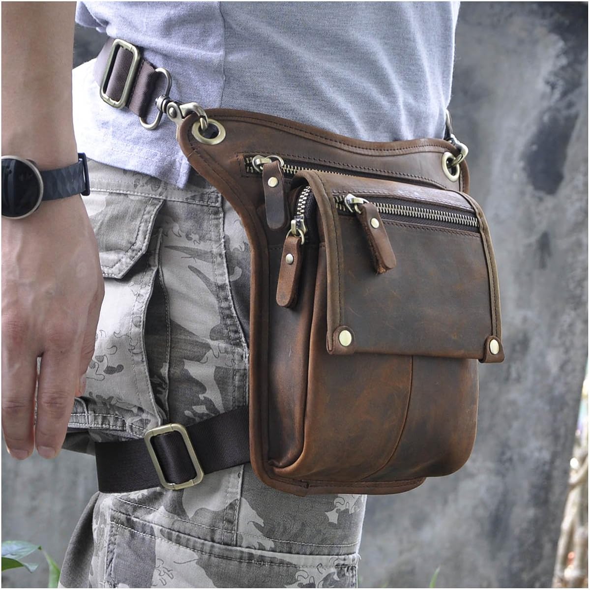 Miniatura 7 de Le'aokuu Mens Womens Leather Tactical Motorcycle Outdoor Travel Waist Pack Drop Leg Thigh Hip Bum Bag With Strap 211-4