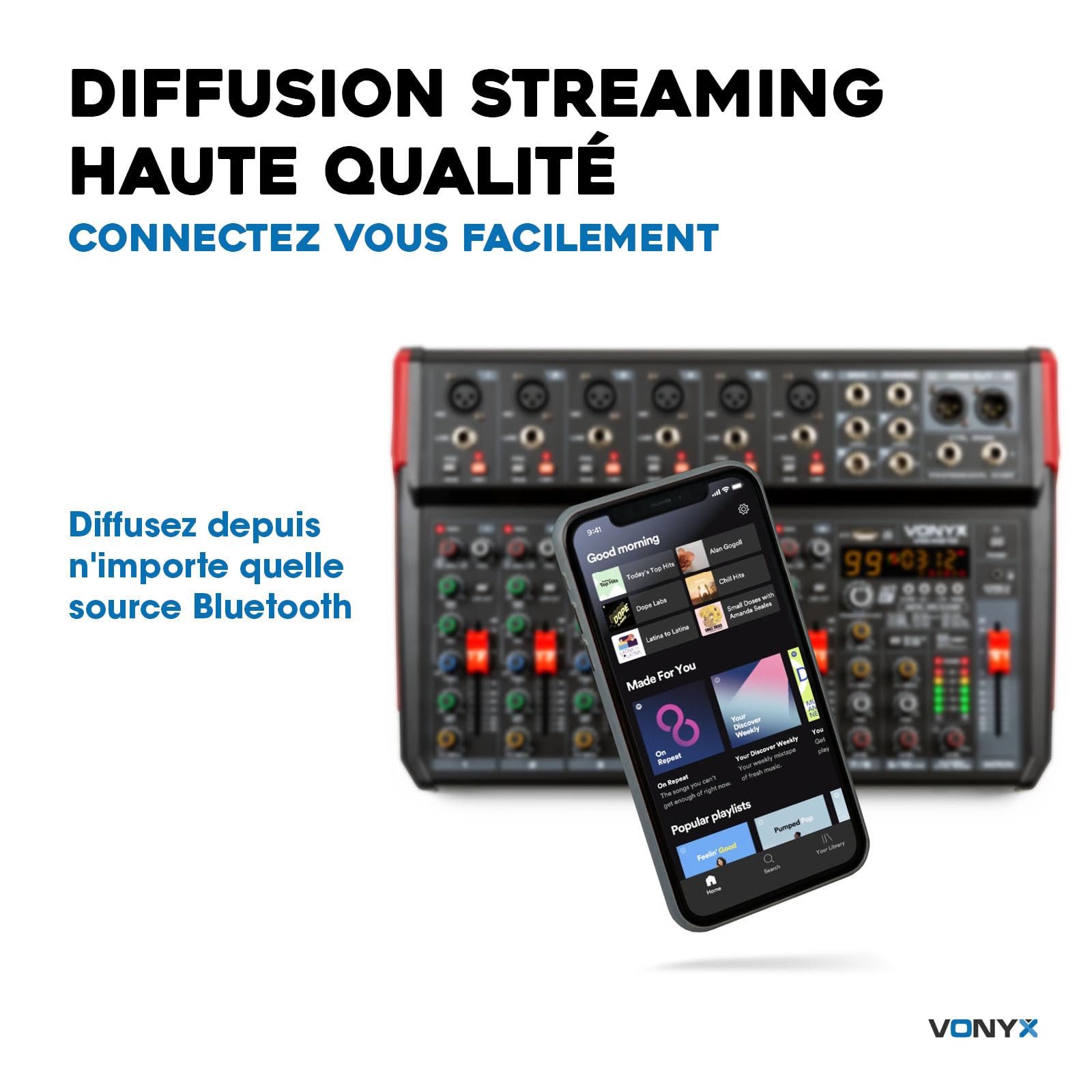 Vonyx VM-KG10 Console de Mixage 10 Canaux - Avec Bluetooth, Lecteur MP3, Interface Audio USB, Processeur de Son, Alimentation Fantôme, Écran LED, Idéal pour les Bars, Petite Salles de Concerts