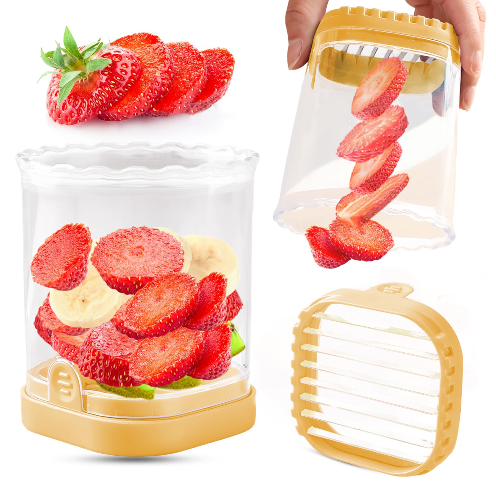Obstschneidebecher - Erdbeere, Banane, Eierschneider, abnehmbare Klingen, mit Druckplatte, kreativer Erdbeerschneider, Küchenhelfer (Gelb)