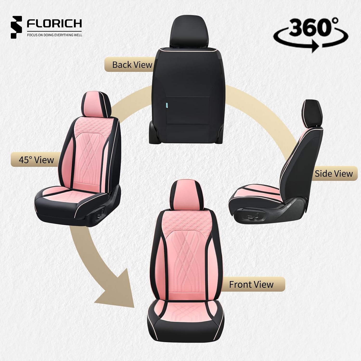 FLORICH Leather Cars Seat Covers Full Set Pink Car Seat Covers Front and Rear Seat Covers for Car Waterproof Vehicle Seat Interior Cover Universal Fit for Most Car Truck SUV, Black&Pink