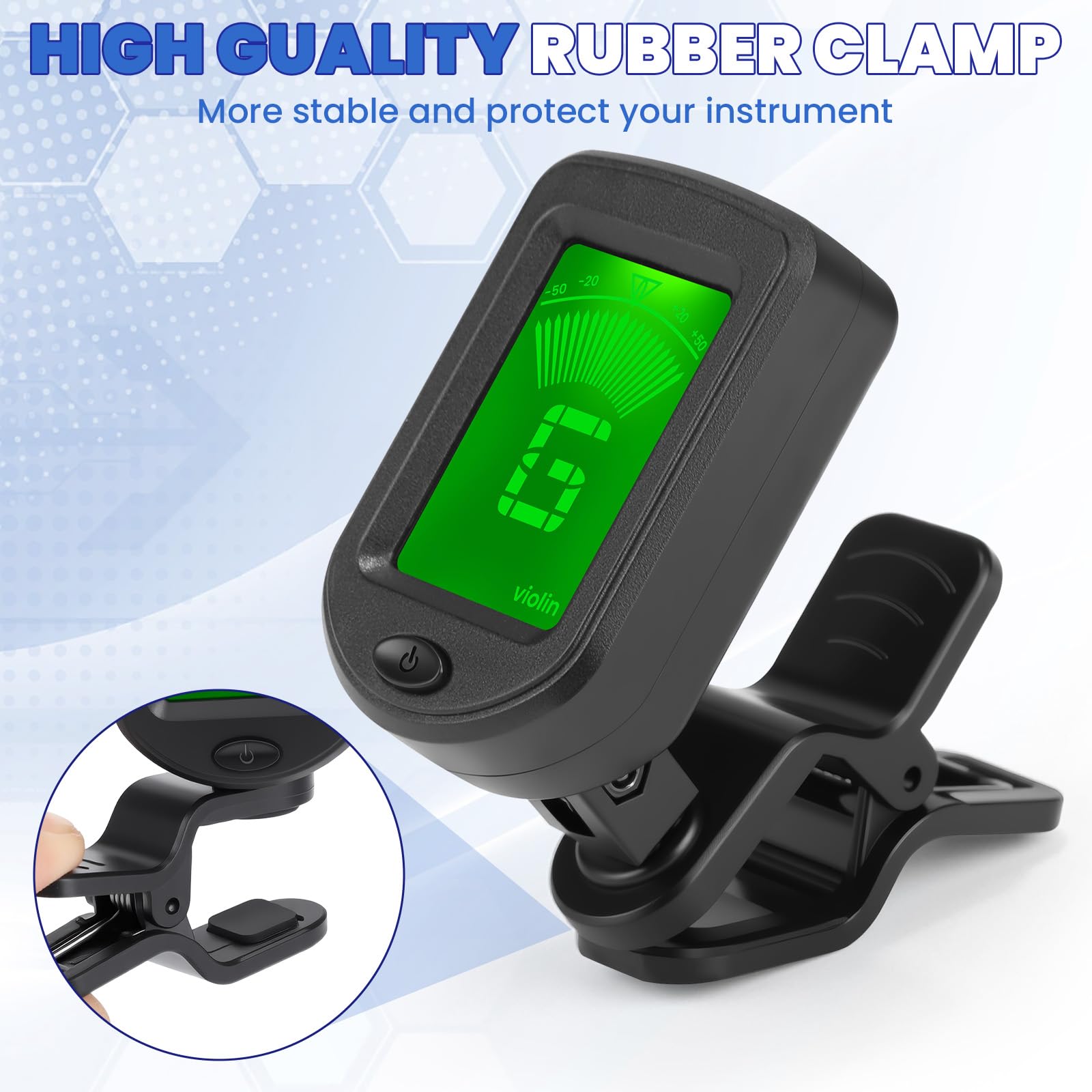 Boao 20 afinadores de guitarra, afinador de clip con modos cromáticos, pantalla LCD transparente electrónica digital, rotación de 360 grados para guitarra acústica/eléctrica, ukelele, bajo, violín