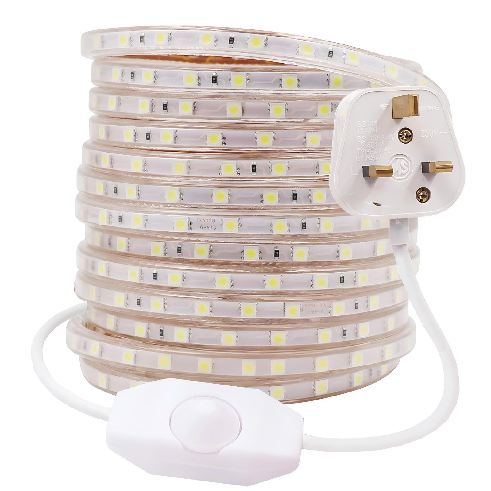 Gql White 8M Dimmable Led Strip Mains Powered, Smd 5050 60Leds/M Ip65 Waterproof Commercial Rope Light With Uk Plug, Diy Indoor Outside Decor Ribbon Lighting