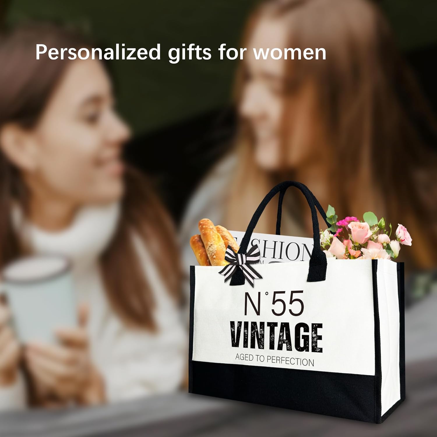 N°55 Vintage Birthday Tote Bag for Women, Vintage Canvas Tote Bag from Born in 1970, 12x17 inch - Image 3