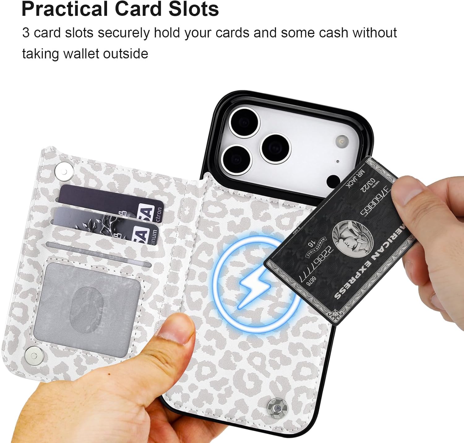 HAOPINSH Wallet Case for iPhone 17 Pro Max,Compatible with MagSafe Wireless Charging, White Leopard Cheetah Pattern Back Flip Folio Leather Kickstand Card Slots Case Double Magnetic Clasp Cover 6.9"