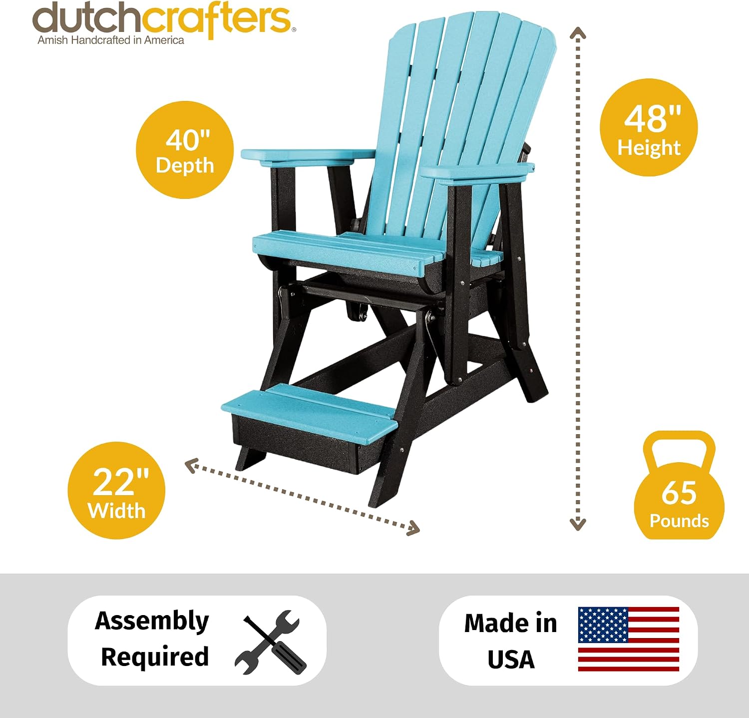 DutchCrafters Slat Fan Back Poly Balcony Adirondack Glider with Footrest Outdoor Patio Chair (White & Light Gray)