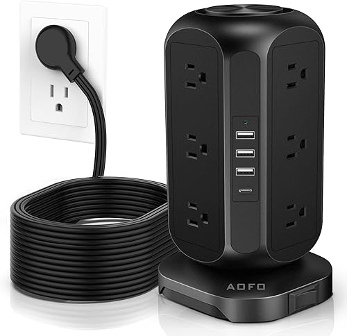 Cable de extensión largo de 15 pies, protector de sobretensiones, 12 salidas de CA, 4 puertos USB (1 USB C), protección de sobrecarga de torre de