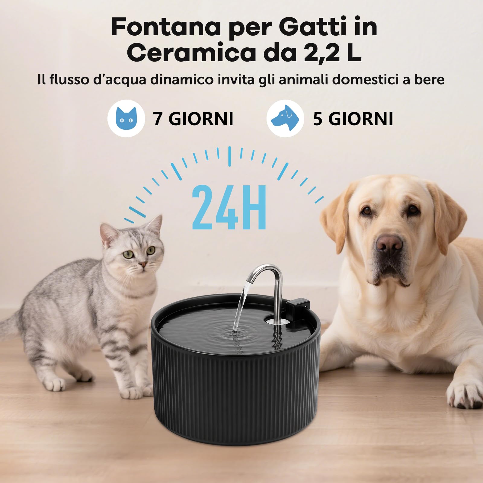 Fontana per gatti in ceramica, 2,2 l, silenziosa, dispenser automatico di acqua per animali domestici, con sistema di filtraggio, nero