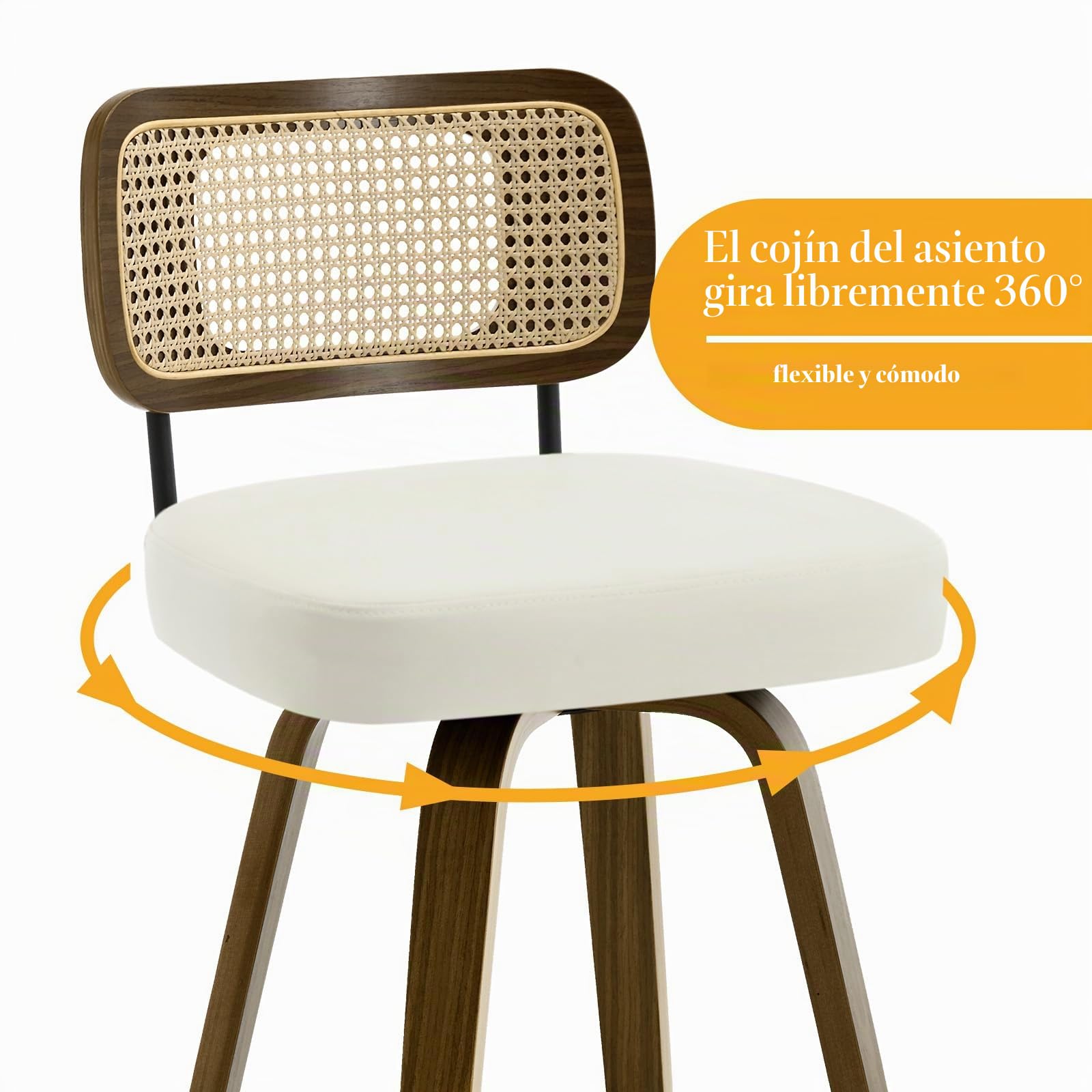 Bekrvio Juego de 2 taburetes giratorios de bar, altura de asiento 65 cm, con respaldo, tapizados en cuero PU y patas de madera de nogal, taburete de mostrador de estilo mid-century con reposapiés de