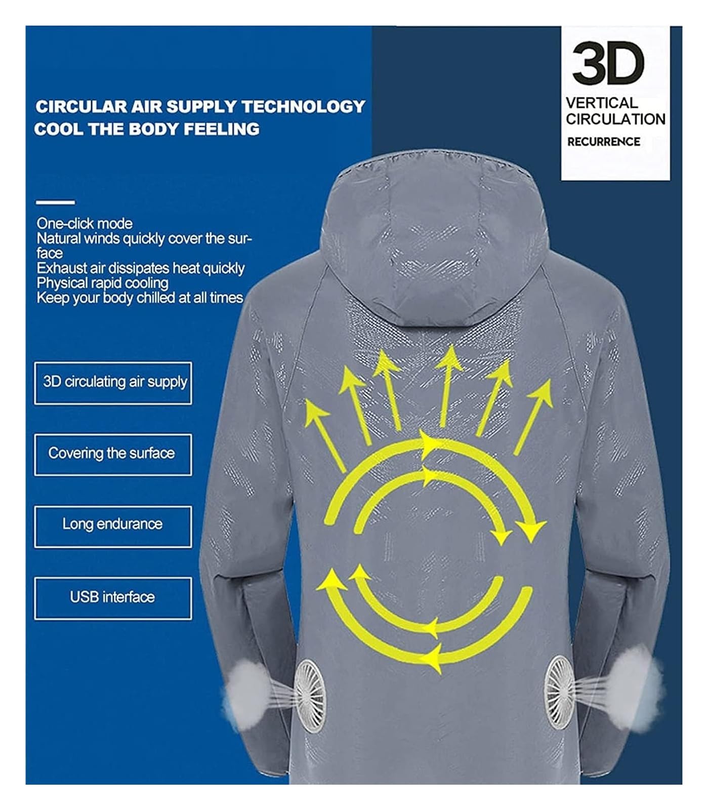 Kurtka chłodząca z wentylatorem USB, wielokolorowa, wiele rozmiarów | Gray,M