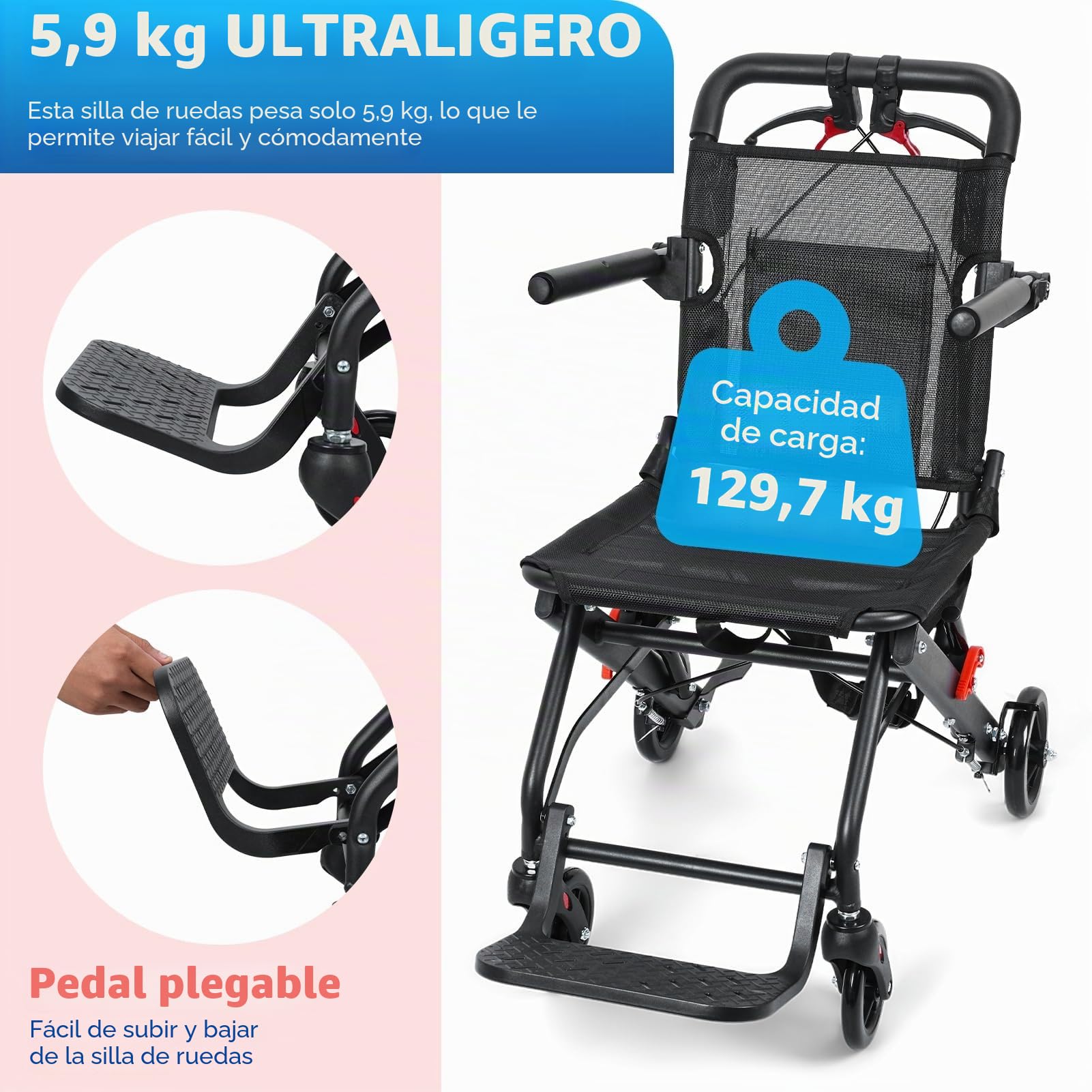 Silla de ruedas ultraligera de 13 libras para adultos, plegable de aluminio, silla de ruedas de viaje portátil, ligera - con manillar de freno para personas mayores, capacidad de carga de 286