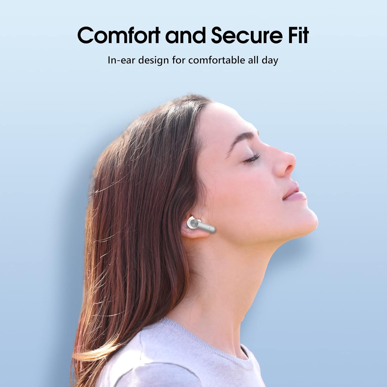 Person wearing coioc S50-W Earbuds, demonstrating comfortable and secure fit