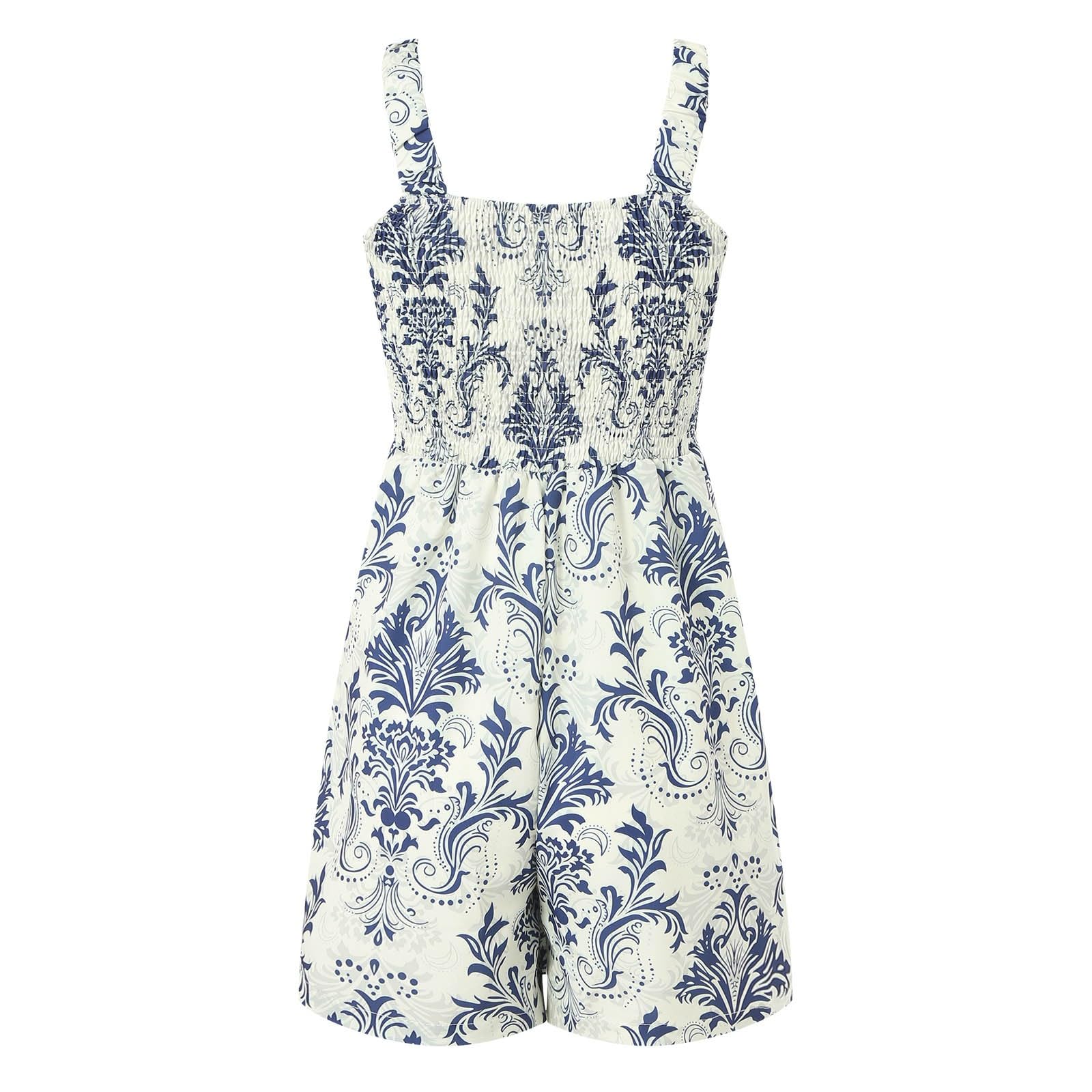 Combinaison Femme Ete Combishort Encolure Carrée sans Manches Casual Combishort Courte Boheme Motif à Fleurs Jumpsuit avec Poche Combinaison courte d'été femme Décontractée Short ample Jambes larges