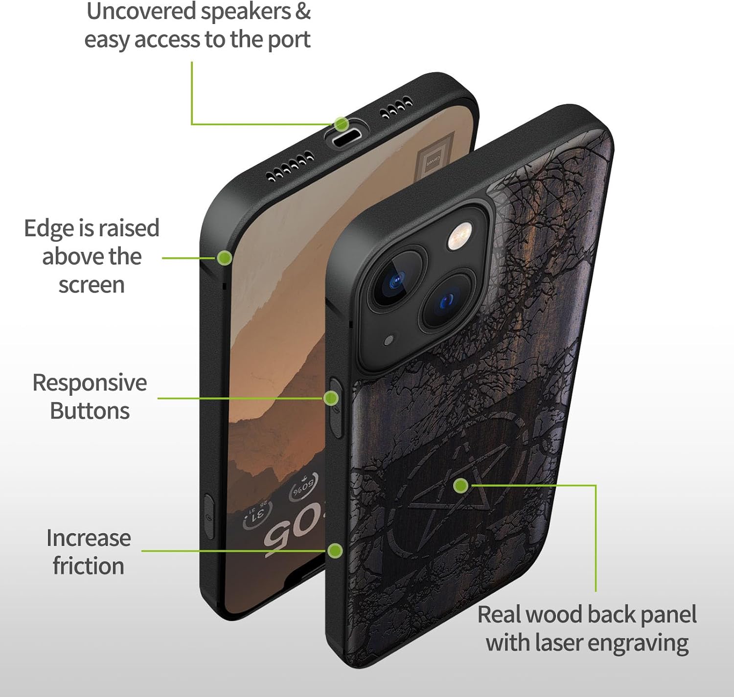 Carveit Magnetic Wood Case for iPhone 13 Mini Case [Hard Real Wood & Soft TPU] Unique & Classy Wooden Shockproof Hybrid Protective Cover Compatible with MagSafe (Mystical Pentagram Tree -Blackwood)