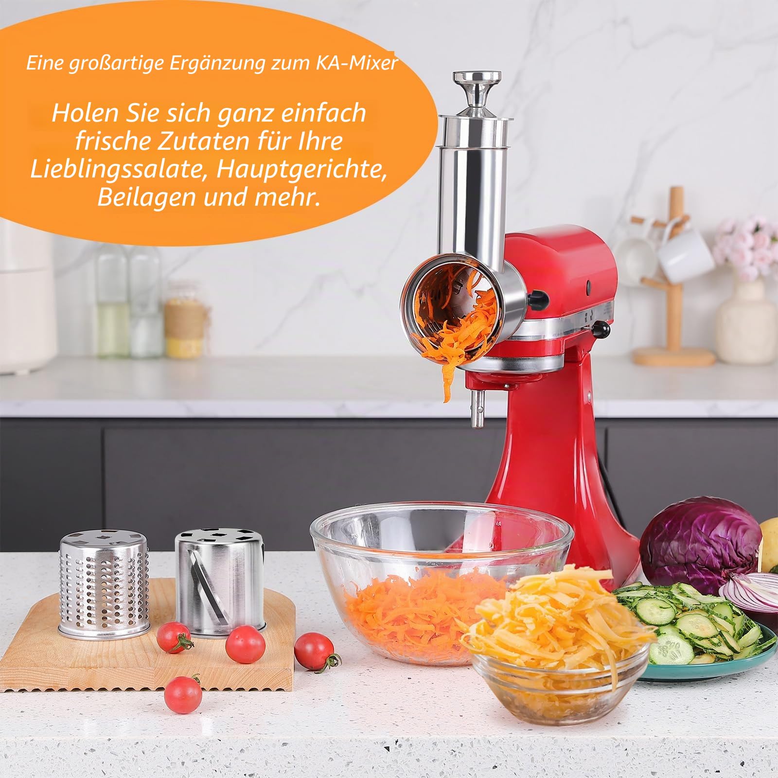 FavorKit Fresh Prep Slicer Shredder Aufsatz für KitchenAid Standmixer, Edelstahl, große Salatmaschine, Käsereibe, Zubehör mit 3 dicken Klingen, spülmaschinenfest