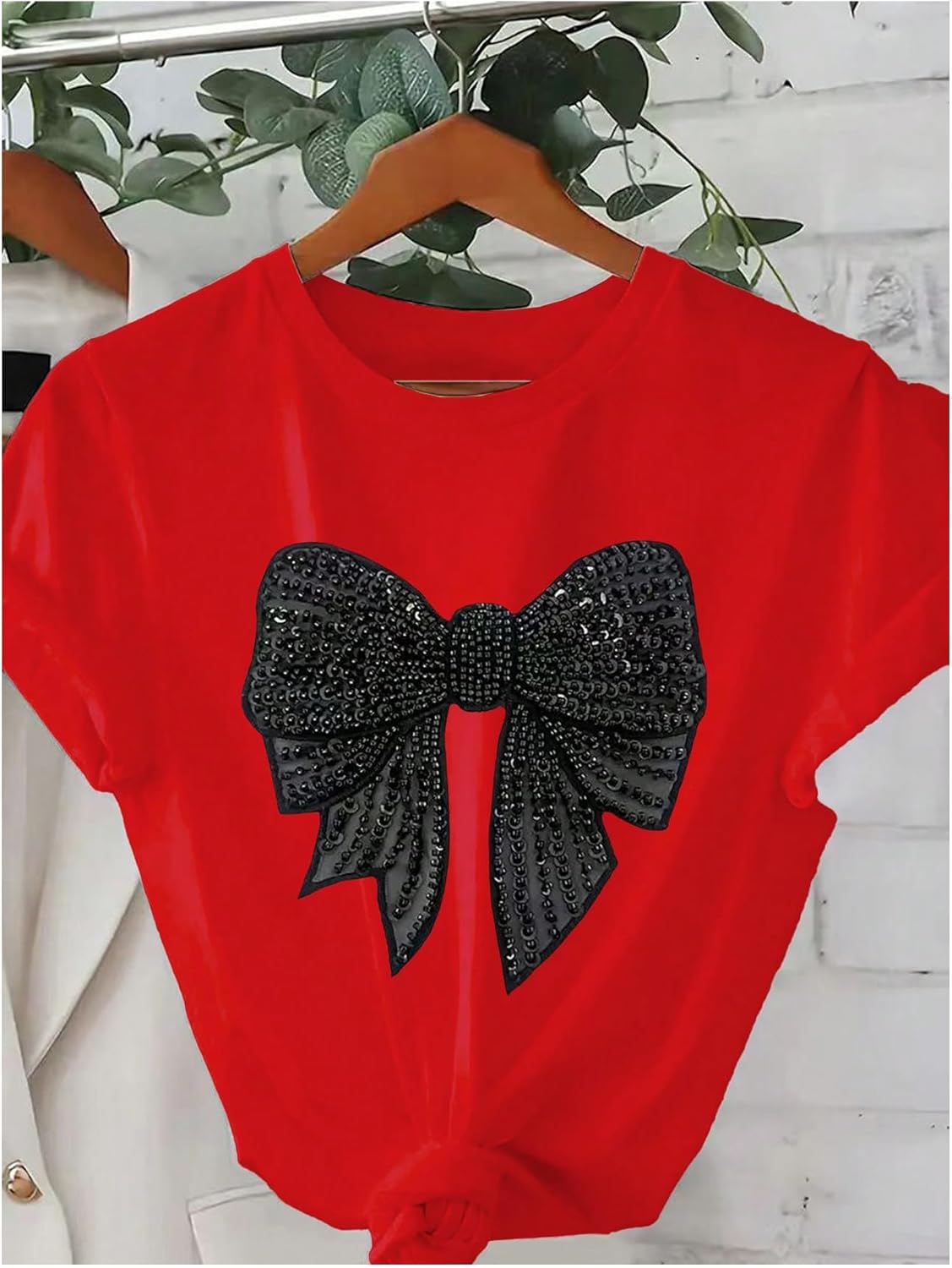 Women's Rhinestone Sequin Bowknot Graphic Tees Short Sleeve Crewneck Summer Tops Going Out T Shirt - Image 5