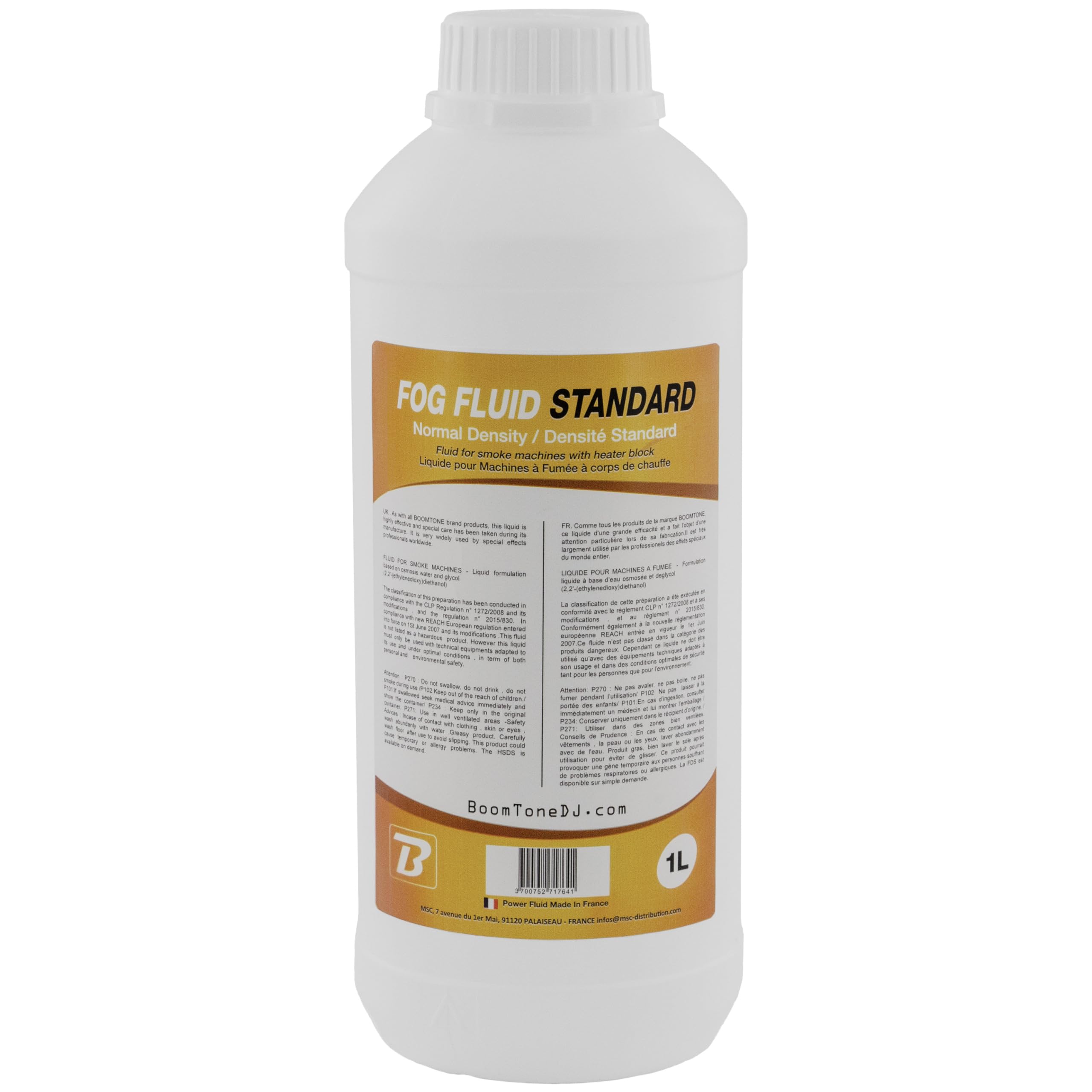 BoomToneDJ Fog Fluid Standard 1L – Liquide Machine à Fumée à Base d'Eau | Fumée Blanche Légère | Haute Pureté | Normes NF & CE | Fabriqué en France | Compatible Toutes Machines