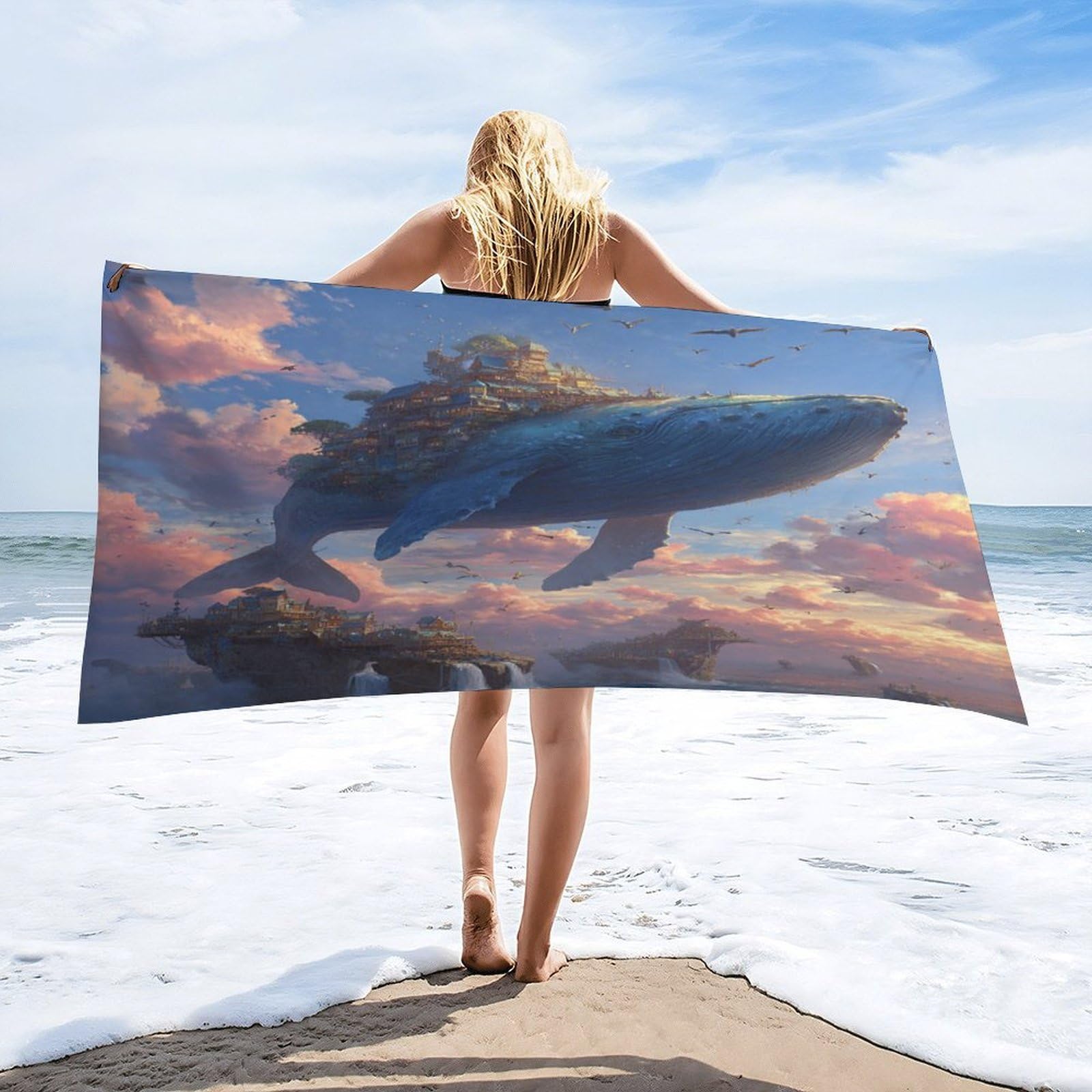 Luyysky Vintage Funny Animal Whale Quick-Drying Beach Towel, Beautiful Classic Nautical Fairy City Ocean Life Whale Bird Travel Vacation Single Sided Pile Bathroom Towels-80 W Cm X 160" L Cm