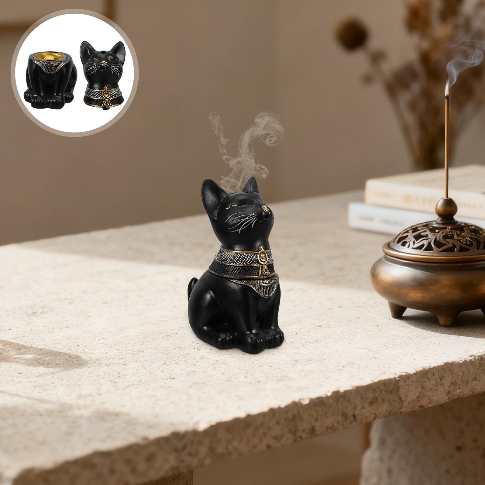Gatuida Quemador de Incienso de Gato Egipcio de Resina, Negro, Decorativo y Coleccionable para Escritorio, Hogar y Rutinas Diarias