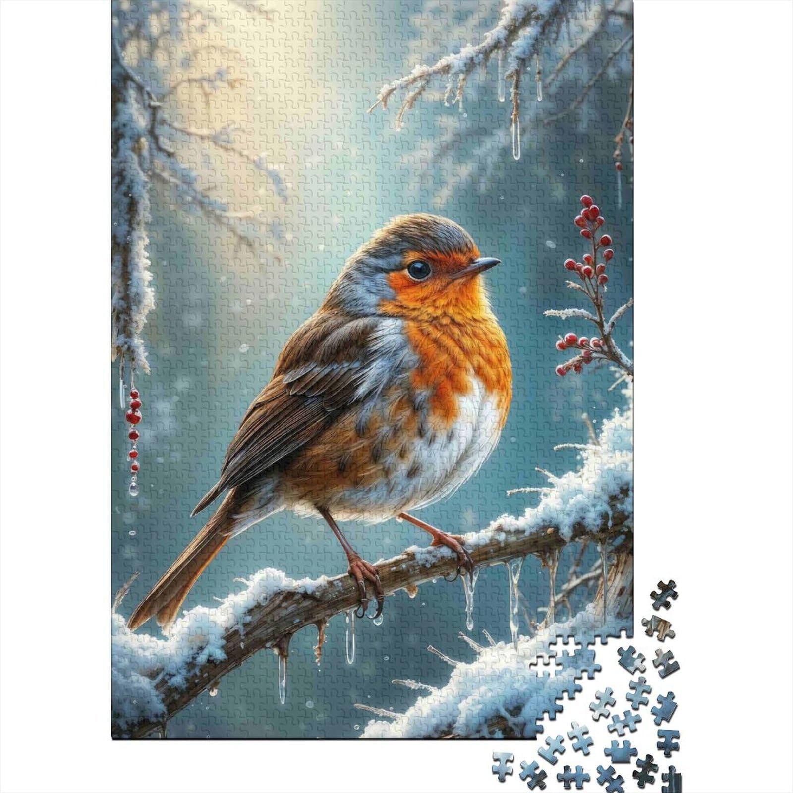 robin bird 1000 piece jigsaw puzzle winter snow forest paperboard for adults nature scenery wall art decor stress relief activity