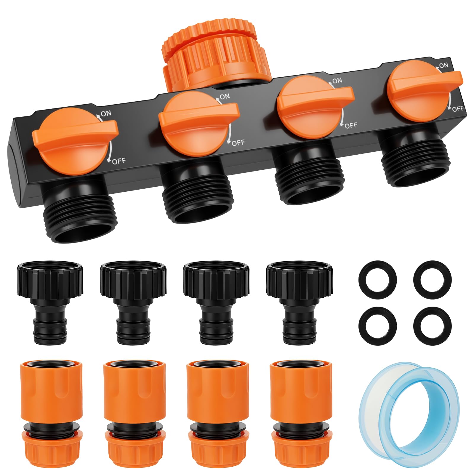 NUTKIT Garden Hose Splitter 4 Way, Leak-Proof Outdoor Tap Connector(Orange)