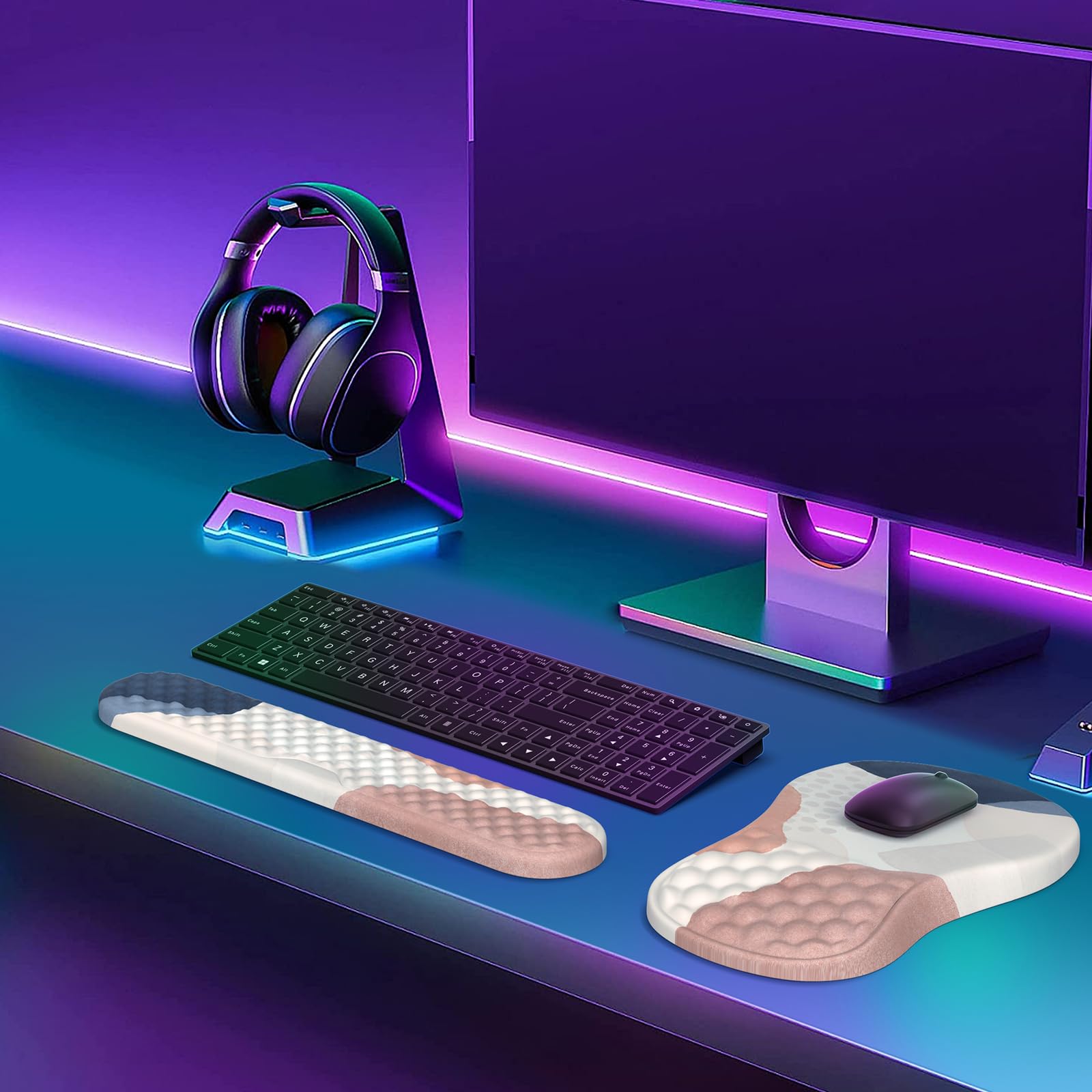 HAOCOO Ergonomisches Mauspad mit Handgelenkauflage und Tastatur-Handgelenkauflage-Set, 3-teilig, Computer-Karpaltunnel-Mauspads für den Schreibtisch mit Untersetzer, Memory-Schaum-Mauspad für