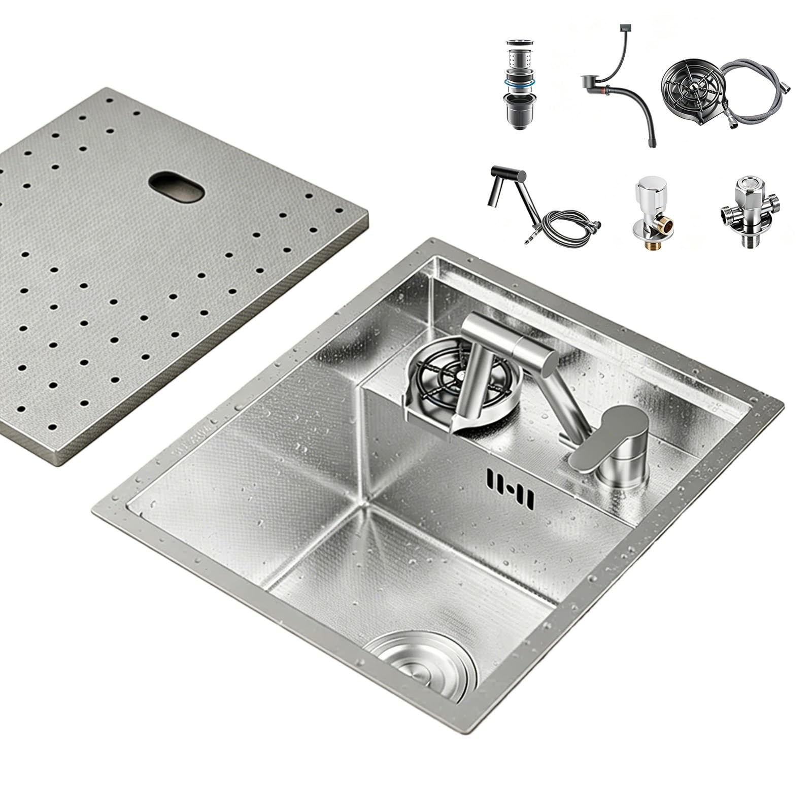Fregadero Camper, Fregadero Cocina 1 Seno con Grifo, Lavavasos, Tapa de Desagüe, Acero Inoxidable 304, para Caravana, Autocaravana o Bar de Barco(Silver,40x32cm/15.7x12.6in)