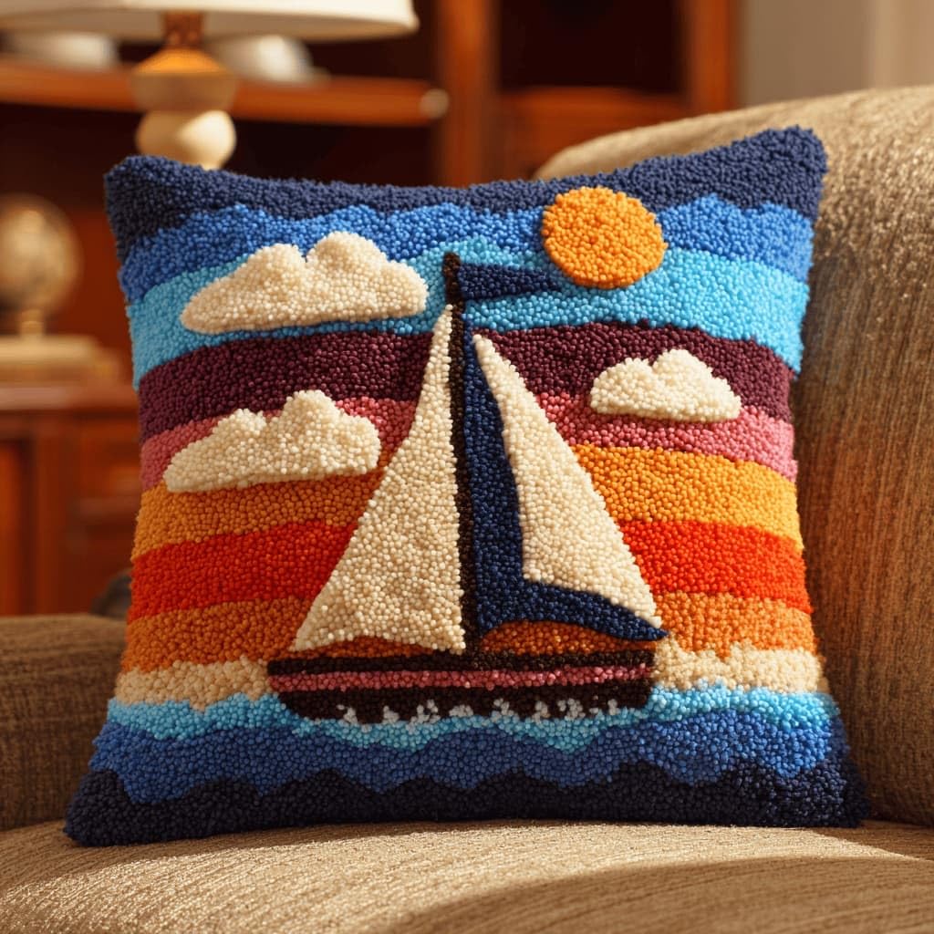 AxiangziK Latch Hook Cushion Kits,Sailboat DIY Needlework Pillow Cover Cushion Rug Making Kit,17X17Inch Handmade Embroidery Kits, Decorative Throw Pillow Cover for Sofa Cushions, Bedroom Decor