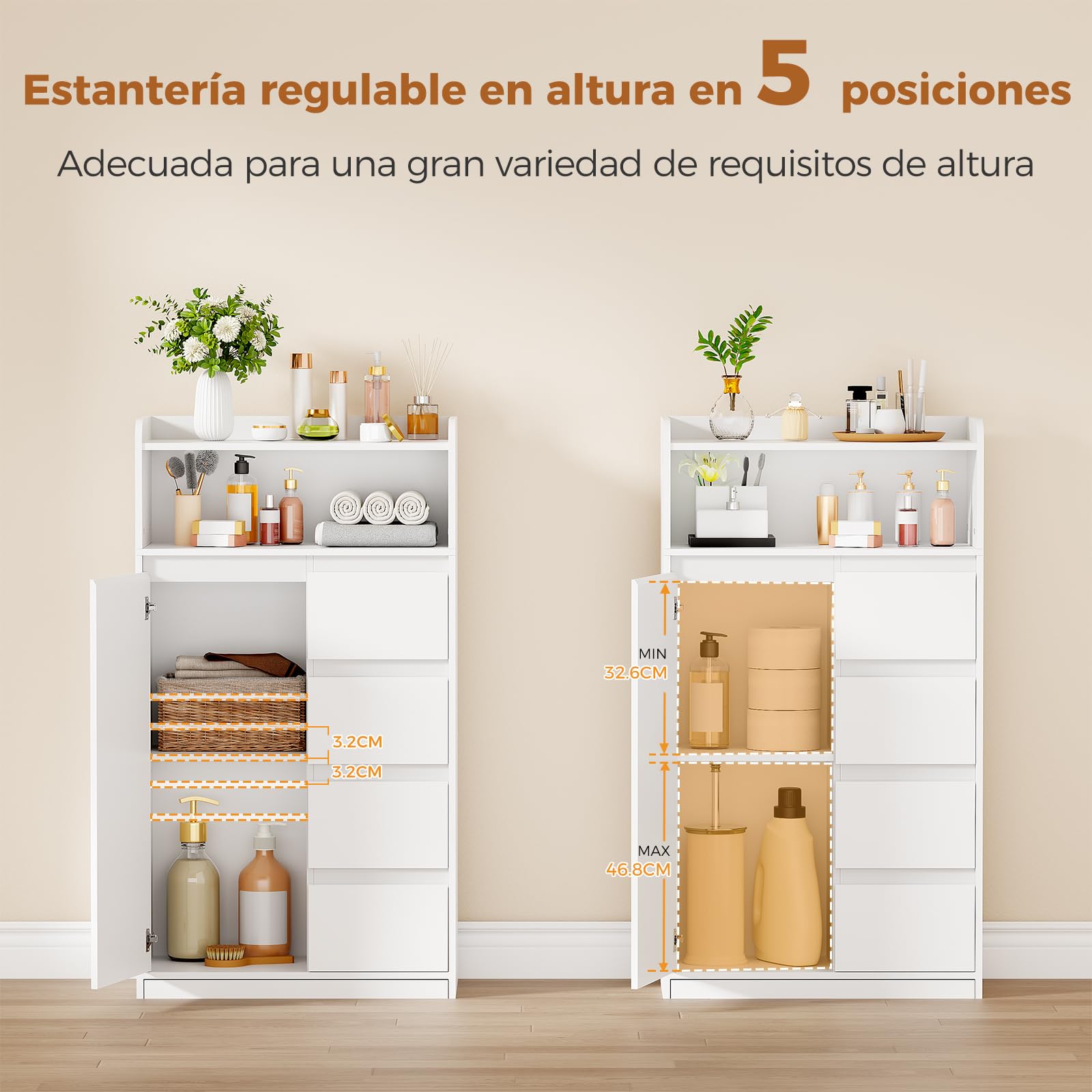 ANWBROAD Armario de Baño con 4 Cajones, 1 Puerta de Armario y Estantes Ajustables, Armario de Almacenamiento para Baño, Salón, Cocina, Blanco, 110 x 60 x 30 cm, SBC014W