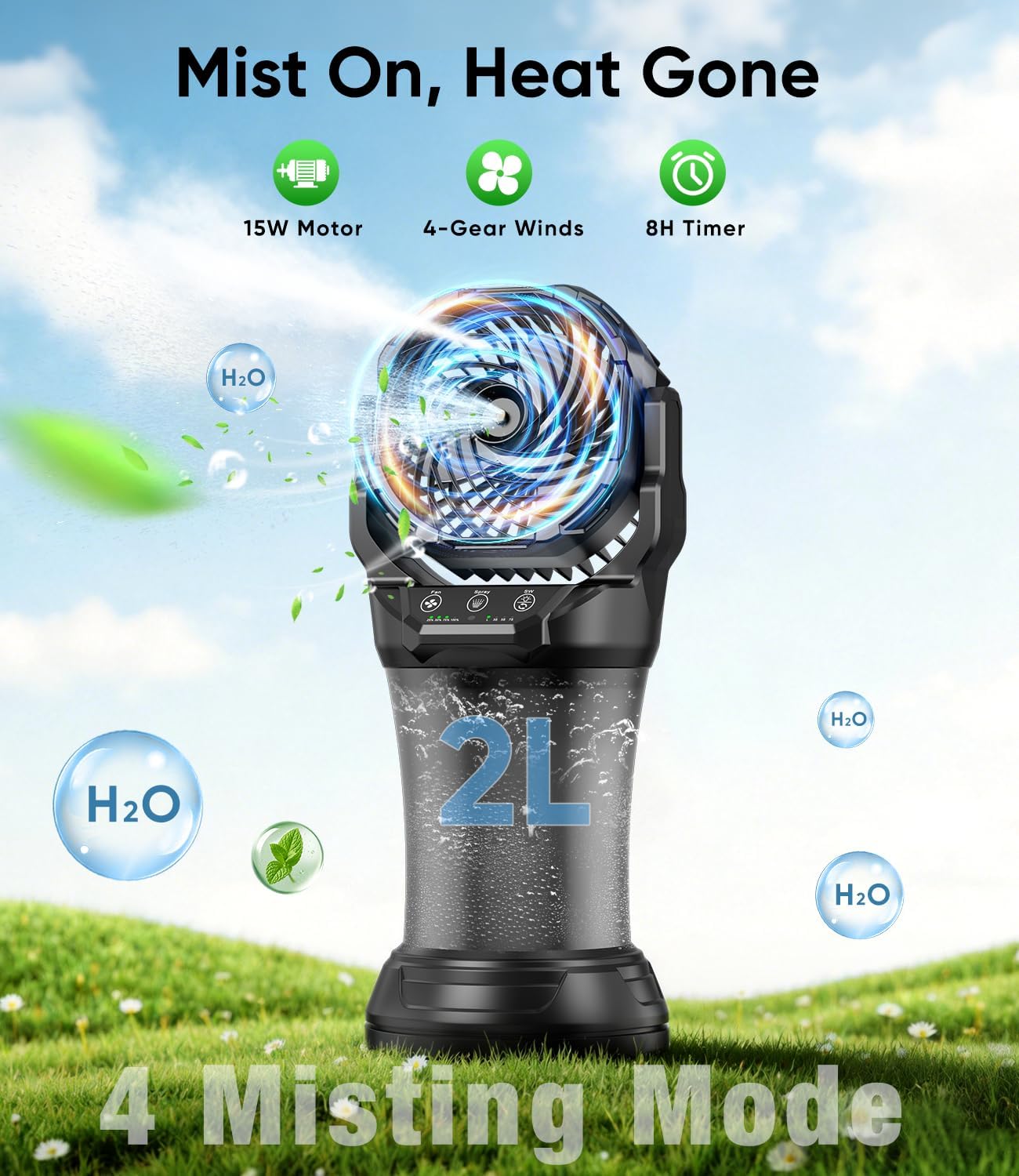 Portable Misting Fan for Outside, 30000mAh Battery Operated Camping Fan with 2 Extra Replacement Nozzles, 2L Water Tank with Handle, Remote, 8H Timer, Great for Garden, Soccer Game, Bleachers