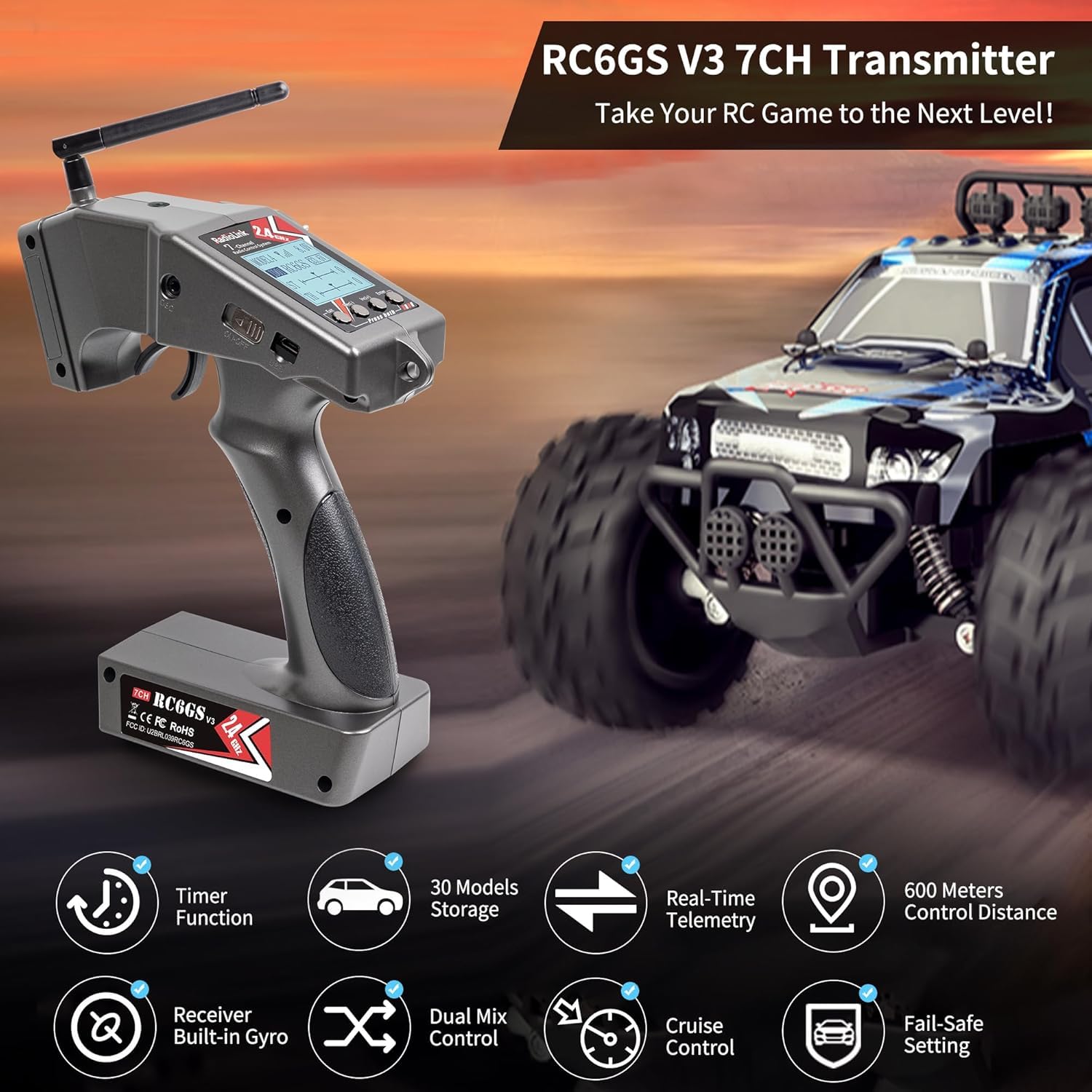 Radiolink RC6GS V3 2,4 GHz 7-Kanal-RC-Fernsteuerung und R7FG-Gyro-Empfänger | RC-Fernsteuerung mit Empfänger-Set, 600 m Reichweite, RC-Fernbedienung mit und Empfänger-Set für RC-Autos/Boote