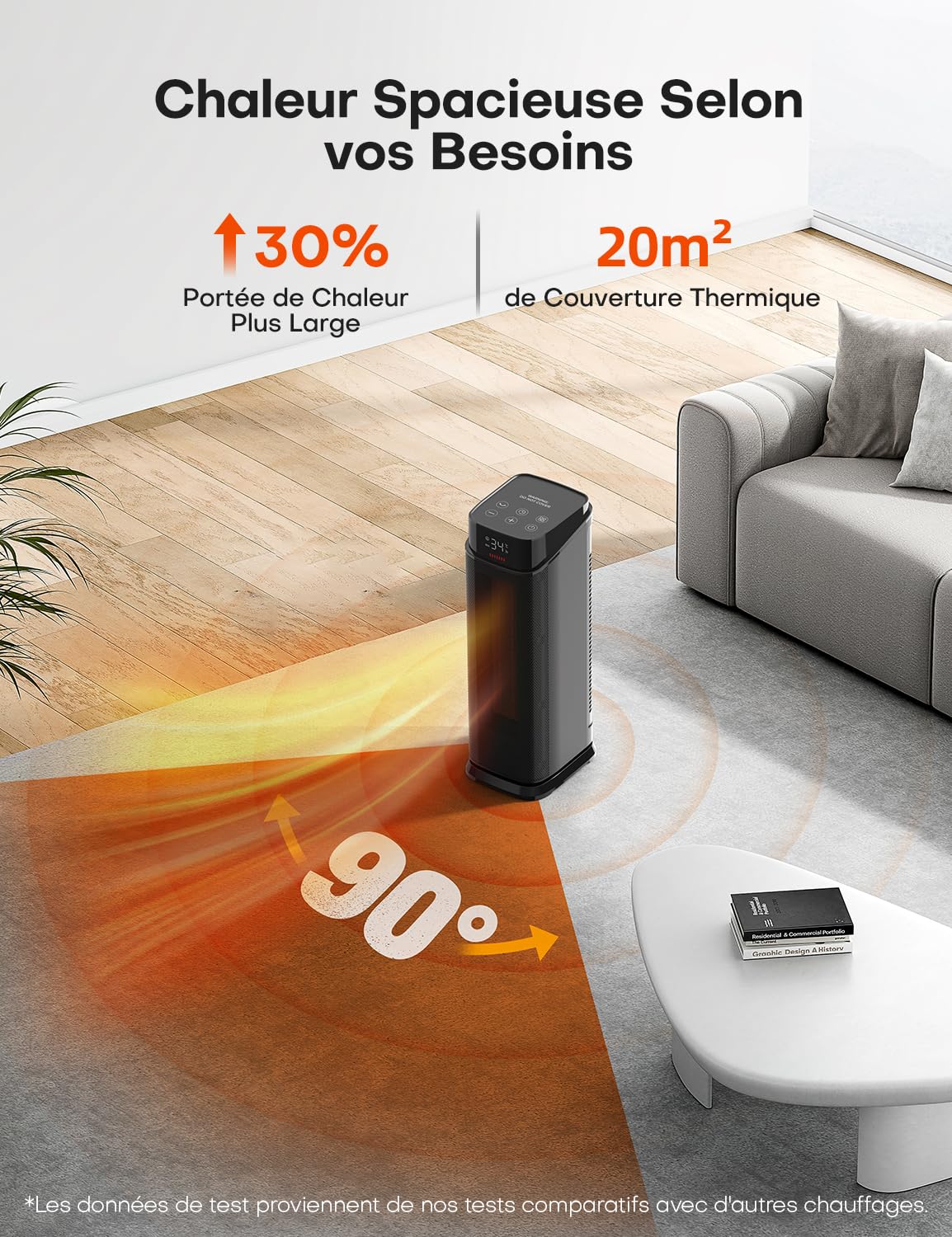 QEXREED Chauffage d'appoint, Chauffage PTC 2000W avec 4 Modes, Mode Éco, Oscillation 90°, Minuterie 24H, Télécommande, Silencieux et Puissant avec Protection contre Surchauffe et Chute pour la Maison