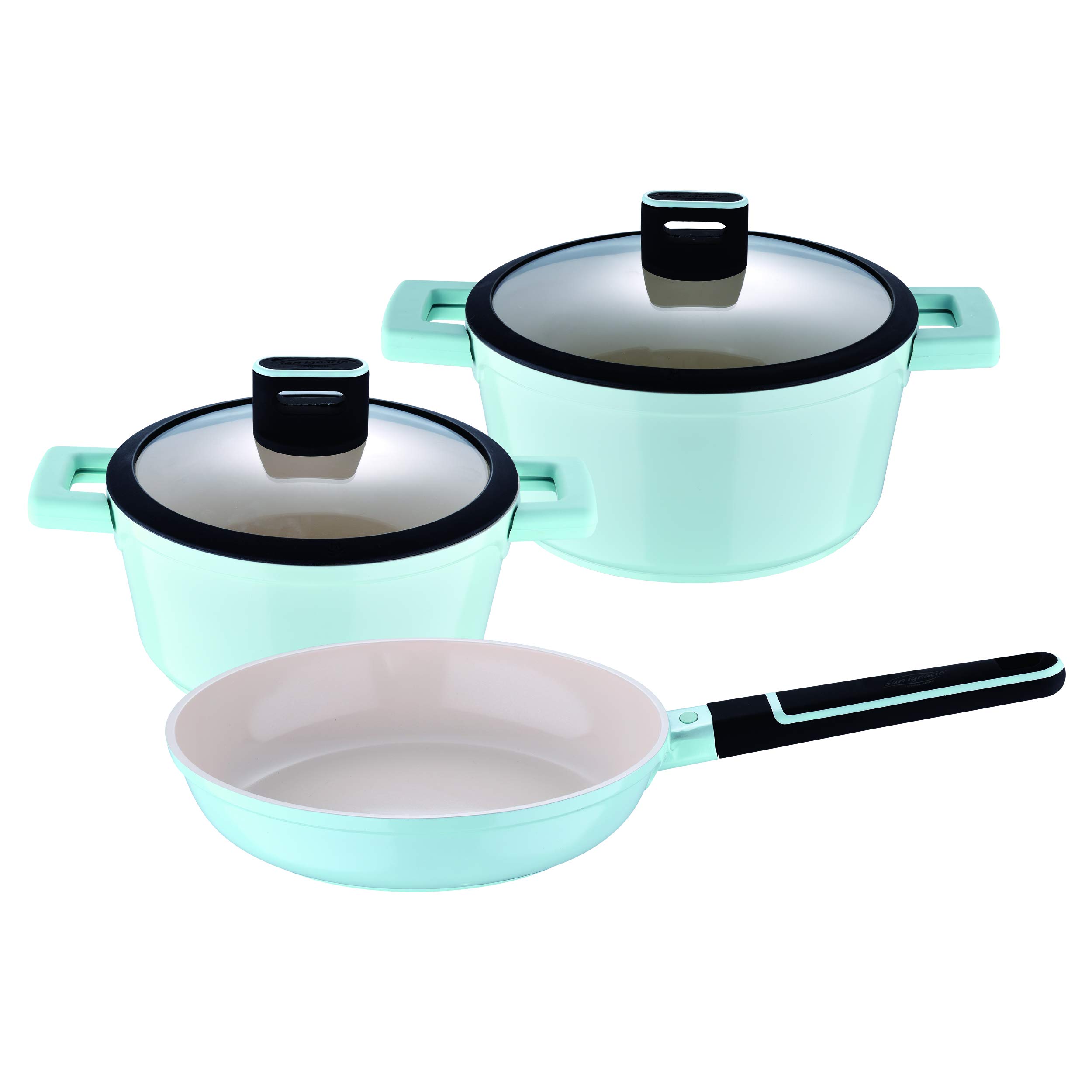 SAN IGNACIO Cosy | Juego de Cocina de 5 Piezas | 2 Cacerolas de 20 y 24 cm y 1 Sartén Antiadherente de 24 cm| Fabricadas con Aluminio Fundido | Juego de Cacerolas | Aptas para Todo Tipo de Cocinas