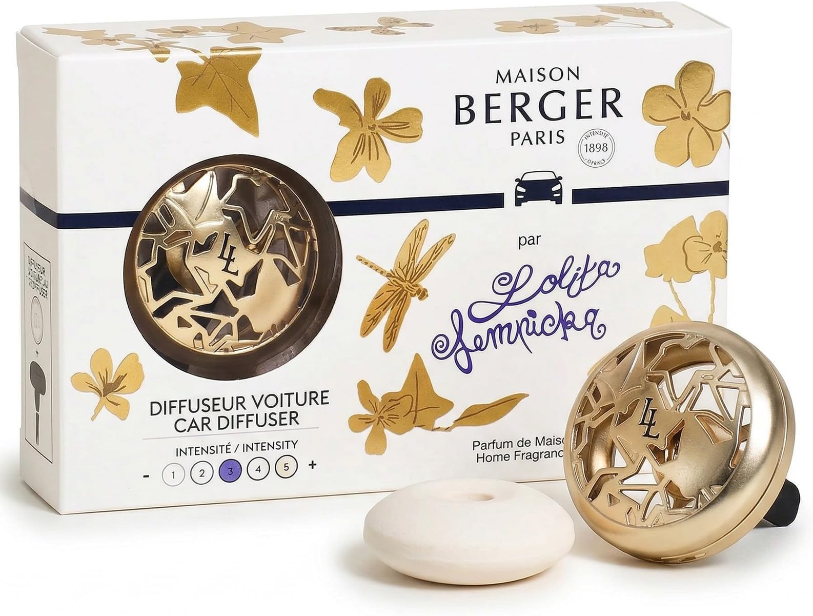 Maison Berger Car Diffuser Set – Refillable Vent Clip, Ceramic Refill, Made in France - Luxury Auto Scent - 4-Week Diffusion - Elegant Air Freshener for All Car Vents (Lolita Lempicka Satin Gold)