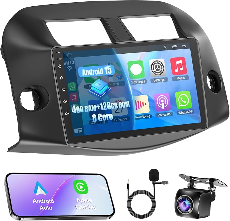 (4GB + 128GB) Radio Estéreo para Auto para Toyota RAV4 2007-2012,8 Core y Android 15 | Pantalla táctil QLED, Carplay, Android Auto y Mirrorlink, Radio FM, navegación GPS, configuración DSP, Bluetooth, pantalla dividida, SWC