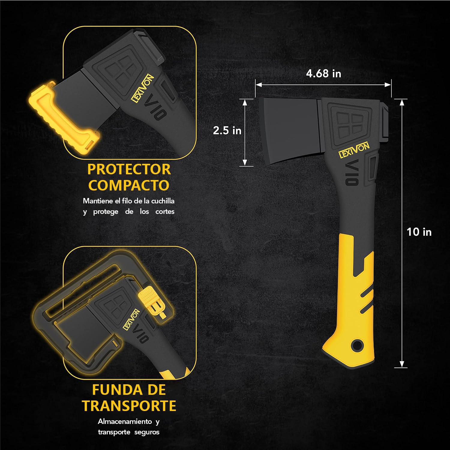 LEXIVON V10 Hacha de Camping de Longitud: 25 CM | Agarre ergonómico TPR, Mango Compuesto Ligero de Fibra de Vidrio | Funda Protectora incluida (LX-V10)