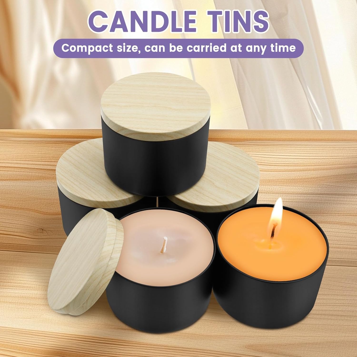 12Pcs Candle Tins with Wood Grain Lids,8oz Black Matte Jars for Candle Making,Empty Metal Container,Multipurpose DIY Container with Lid for Storing Tea Coffee Spice