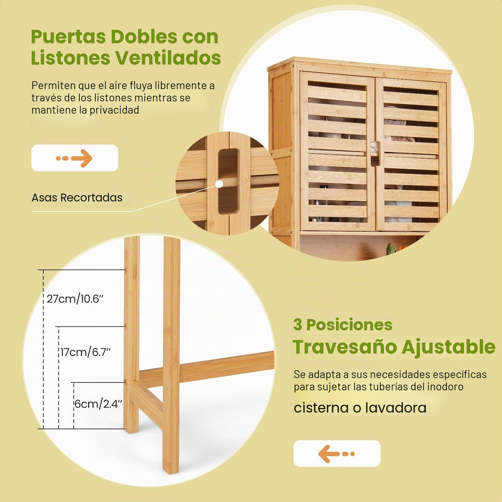 LIFEZEAL Estantería de Baño de Bambú, Armario Alto con 2 Puertas y Estante Abierto para Lavadora y Secadora