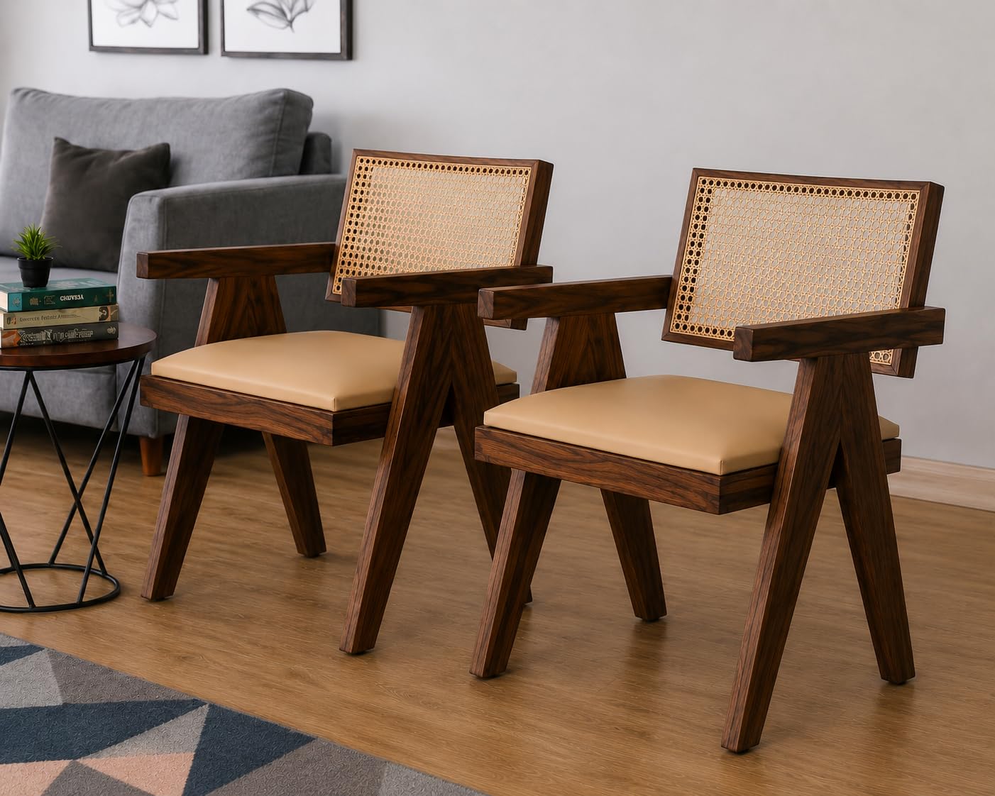 Solid Wood Arm Chair with Cushion and Cane Back Support Chair Living Room Bedroom Home Wooden Armchair Furniture Garden Balcony Outdoor & Indoor (Honey Finish Set of 2)-image-27