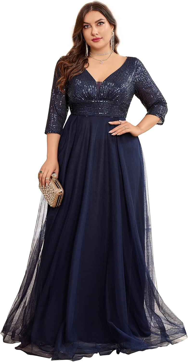 Plus Size Floor Length Formal Evening Gown for Mother of Bride Glitter Long Sleeves V-Neck Prom Dress for Women